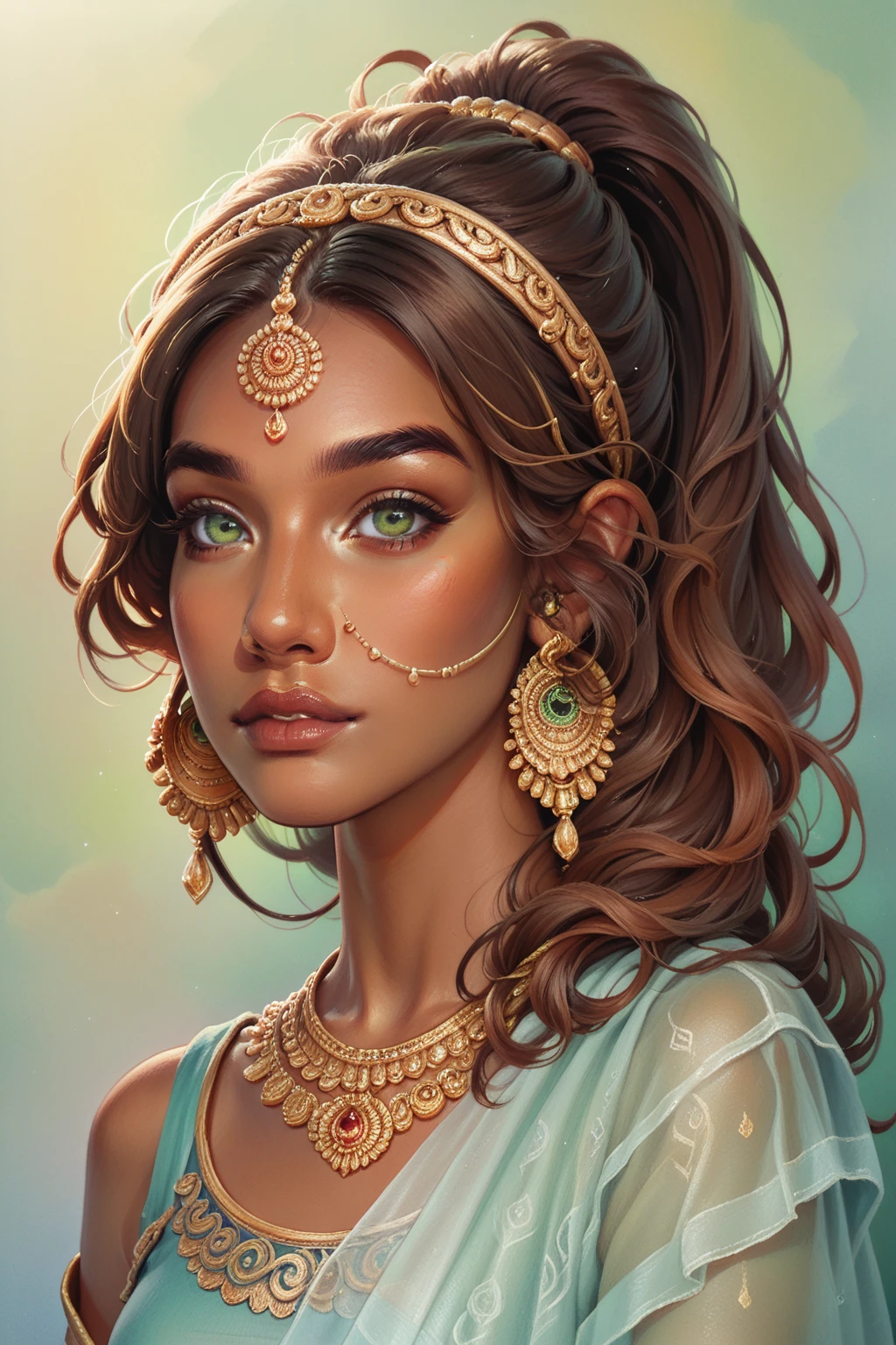 score_9,score_8_up,score_7_up woman, dark skin, green light eyes, brown long hair, ponytail, indian jewelry, portrait, pastel colors <lora:Sarasvati pony:0.9> sarasvati <lora:s0ftp1nkXLP:0.8> s0ftp1nk, traditional media