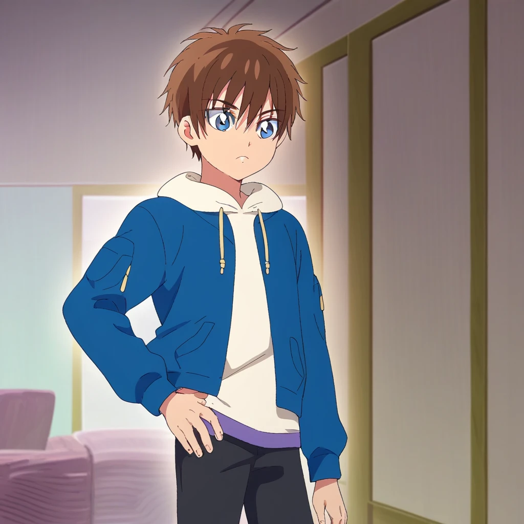 score_9, Shinada Takumi,1boy, male focus, solo, short hair, brown hair, blue eyes, white shirt, blue jacket, black pants, hand on hip, indoors