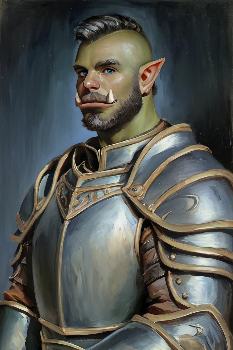 score_9, score_8_up, score_7_up, rating_safe, painterly, faux traditional media, realistic, 1boy, solo, male focus, mature male, orc, green skin, tusks, blue eyes, short hair, black hair, facial hair, beard, mustache, looking at viewer, armor, shoulder armor, breastplate, pauldrons, upper body, closed mouth, standing, outdoors, night, night sky, dark background <lora:Faux Oil Painting Soft Style LoRA_Pony XL v6:0.7>