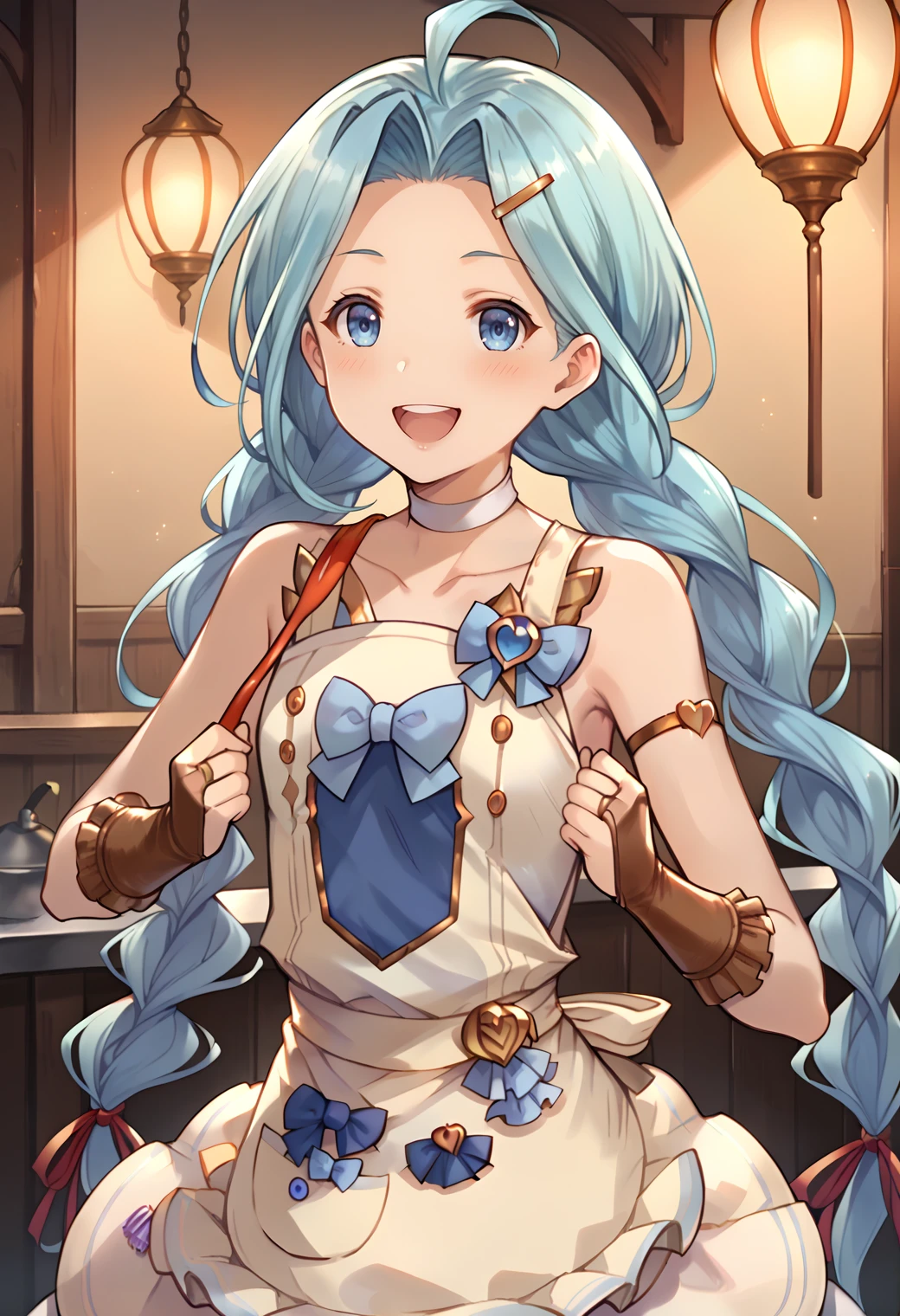 score_9, score_8_up, score_7_up, hd, (ultra hd quality details), indoors, lights,
(masterpiece, best quality), fcDetailPortrait, solo, 1girl, luriabase, blue hair, very long hair, ahoge,
lyrqtapron, twintails, twin braids, hairclip, choker, bare shoulders, collarbone, apron dress, ribbon, bridal gauntlets,
looking at viewer, blush, smile, open mouth,
standing,
<lora:_lyria-elesicov1:1>