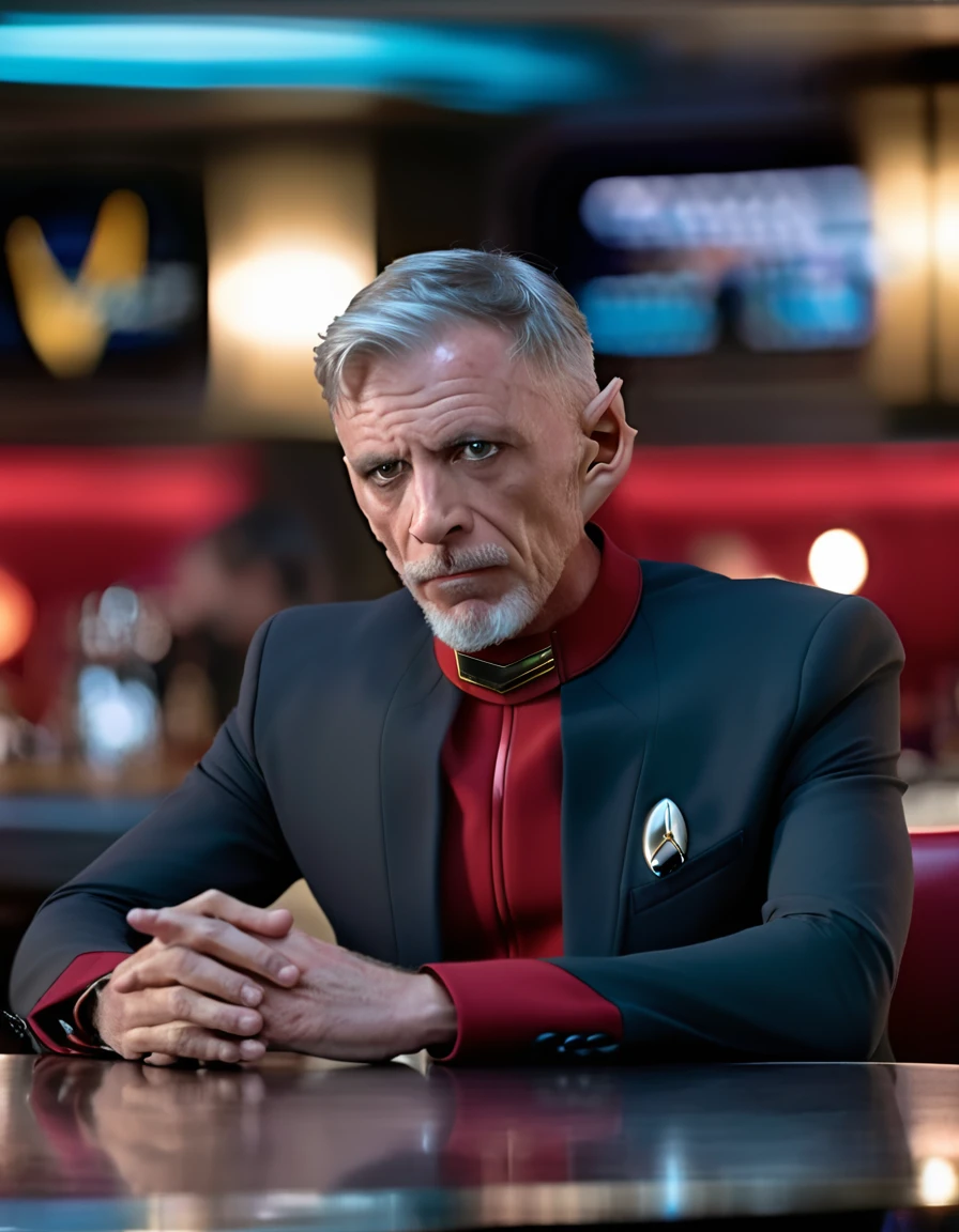 CptRayner, Rayner, male focus, gray eyes, pointy ears, gray thin beard, short gray hair, undercut, upper body, black and red suit, Star Trek, cafe background, sitting in a café