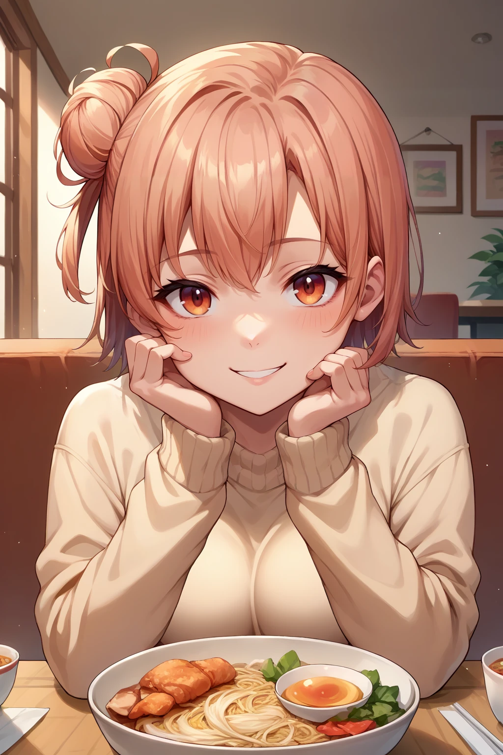 score_9, score_8_up, score_7_up, source_anime, pov across table, looking at viewer, smile, yyghm, short hair, single hair bun, sweater, sitting, indoors, restaurant, ramen, <lora:Hoseki_Oregairu_YuiYuigahama_PDXL_v1:1>