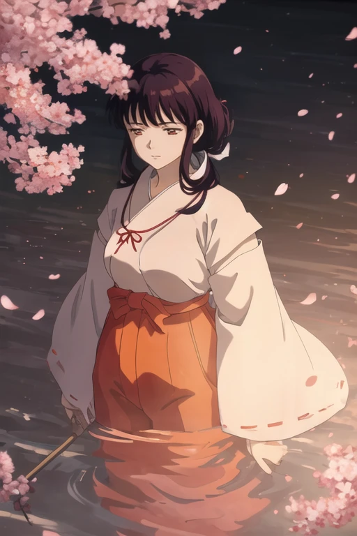 (masterpiece,best quality),kikyou \(inuyasha\), 1girl, solo,<lora:kikyou:1>, dutch angle,red hakama, miko,kimono, torii, petals, floating hair, cherry blossoms, pink and orange theme,large breasts, sunlight, lens flare, light particles, looking away, from above,