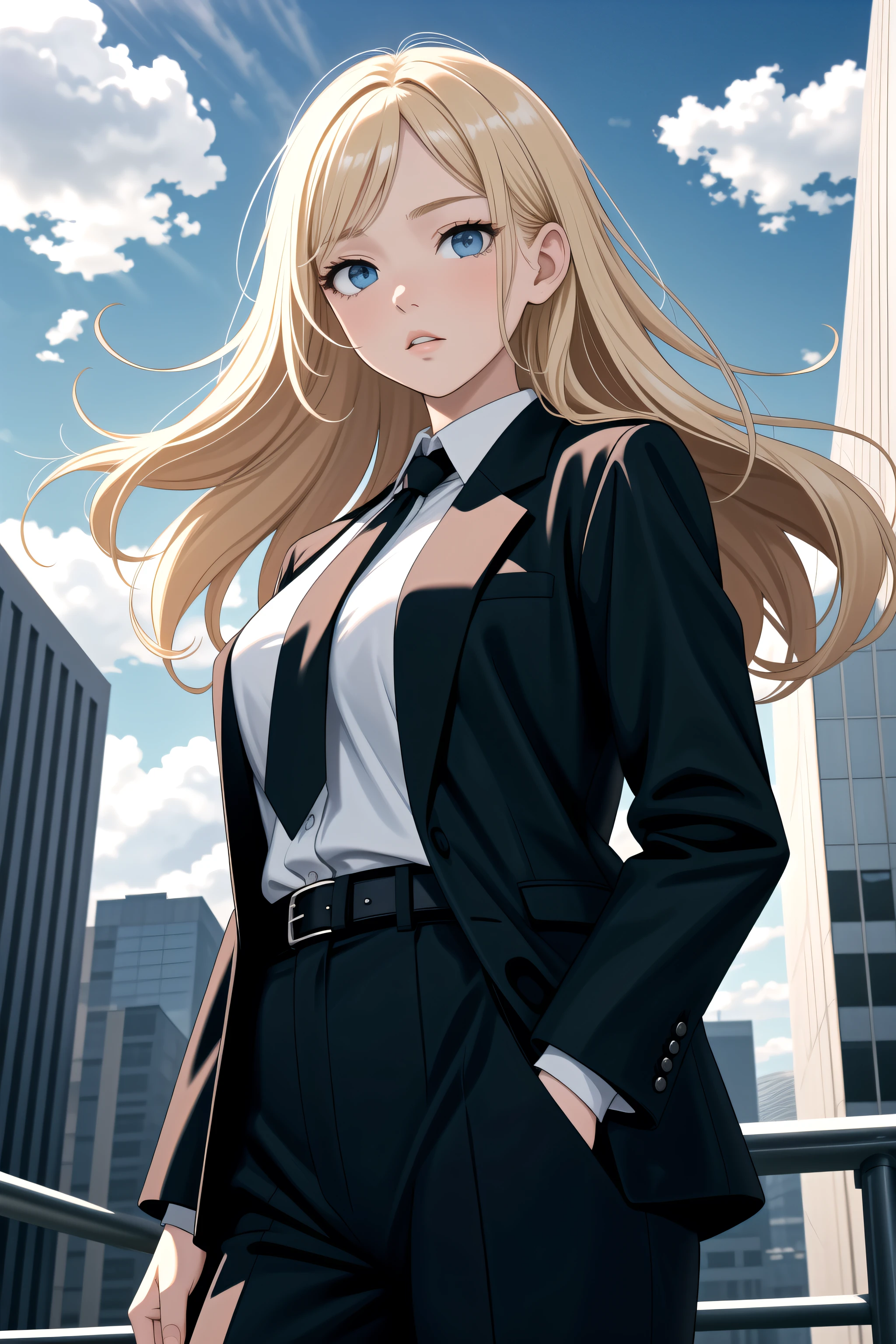 (masterpiece, best quality, highres), 1girl, solo, blonde hair, long hair, curly hair, parted bangs, blue eyes, large breasts, pale skin, long eyelashes, standing, formal, suit, hands in pocket, from below, cowboy shot, looking at viewer, expressionless, parted lips, outdoors, cloudy sky, black necktie, leather belt, wind, floating hair, building, skyscraper, open jacket