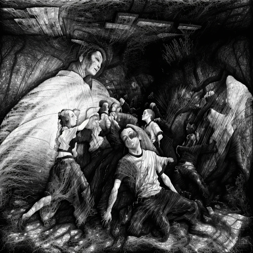 scrxy style, monochrome print of many persons lying crouching dancing, heads up, eyes closed, holy biblical scene, cloth nature trees waterfall in background, surreal, deformed, monochrome, thin pen strokes, dark fluffy clouds, god rays, <lora:scrxy:1.1> style, high contrast, distressed, rim lighting, spotlight, top down perspective, wide angle