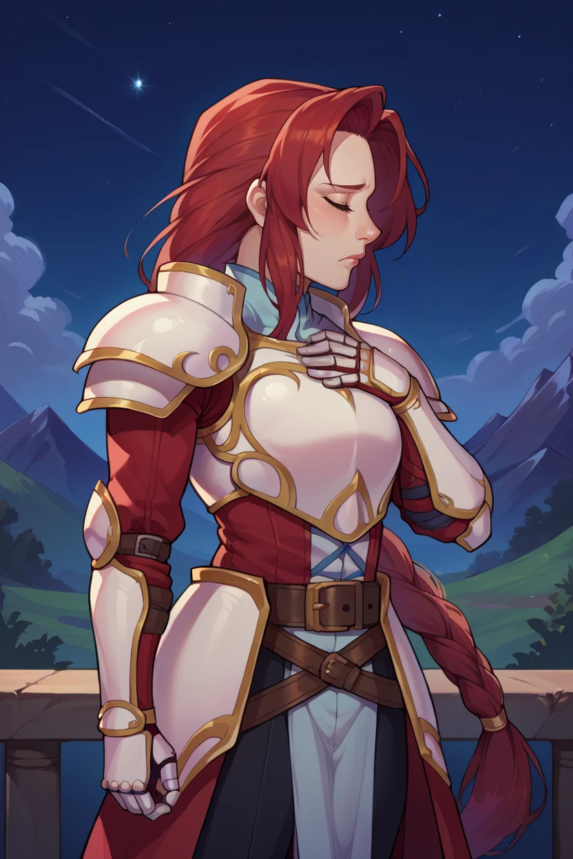 score_9, score_8_up, score_7_up, score_6_up, source_anime BREAK 1girl, solo, <lora:fetitania-pdxl-nvwls-v1-000005:1> defTitania, red hair, braided ponytail, armor, shoulder armor, red coat, gauntlets, belt, pelvic curtain, pants, closed eyes, sad, hand on own chest, profile, night, mountains