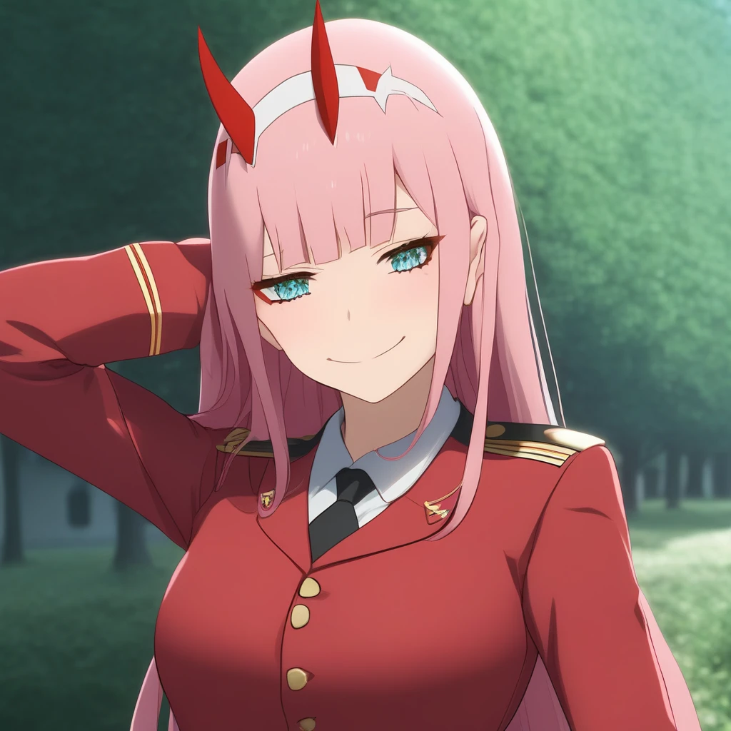 masterpiece, best quality, ultra-detailed, glowing light, (detailed background, complex background:1.2), (perfect face, detailed face), (mature female, milf:1.4), full-face blush,half-closed eyes, smirk, parted lips, thighs, , zero_two, long hair, horns, hairband, white hairband, medium breasts, very long hair, straight hair, red horns, necktie, uniform, military, military uniform, long sleeves, collarbone, blue eyes (garden, outdoors, standing, leaning forward )