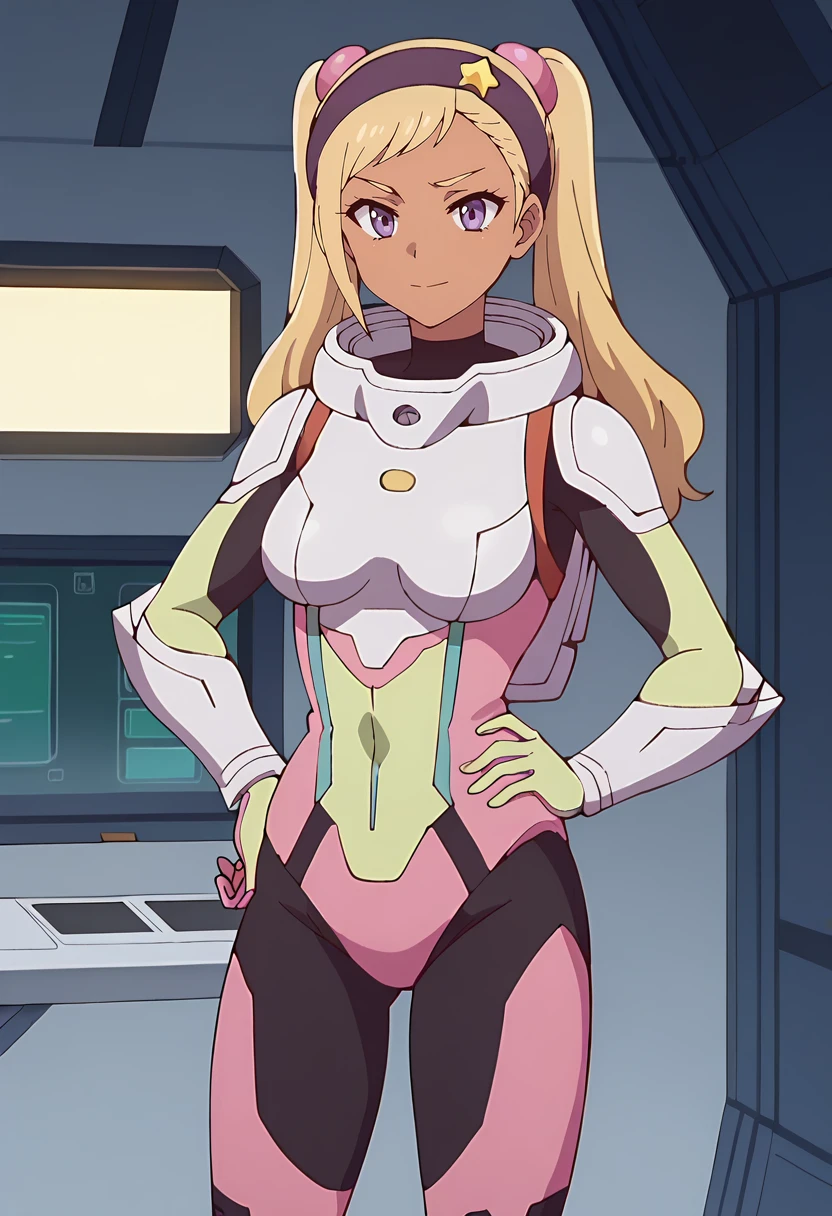 score_9, score_8_up, score_7_up,
<lora:KanataNoAstra_QuitterieRaffaeliXL:0.8>, QuitterieRaffaeli,
1girl, solo, closed mouth, light smile,
blonde hair, purple eyes, twintails, purple hairband, star (symbol), purple scrunchie, dark skin,
QuitterieSpacesuit, multicolored clothes, white spacesuit, pink spacesuit, black spacesuit,
standing, looking at the viewer, thigh gap, facing viewer, hand on own hip,
science fiction, indoors, spacecraft interior