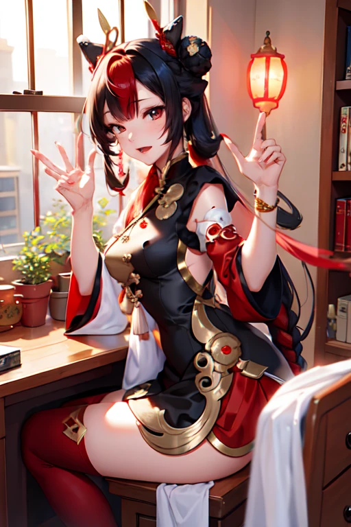 1girl,multicolored hair,red hair,black hair,red eyes,long hair,dress,breasts,open mouth,mythmakergwen,hair ornament,solo,looking at viewer,thighhighs,detached sleeves,jewelry,closed eyes,hair bun,double bun,red lips,red nails,bangs,hair rings,split-color hair,two-tone hair,sitting,makeup,night,streaked hair,very long hair,twin braids,one eye closed,fingernails,sharp fingernails,window,chinese clothes,portrait,toes,nail polish,red thighhighs,<lora:mythmakerGwen:0.7>,<lora:goodhands_Beta_Gtonero:1>,<lora:GoodHands-vanilla:1>,