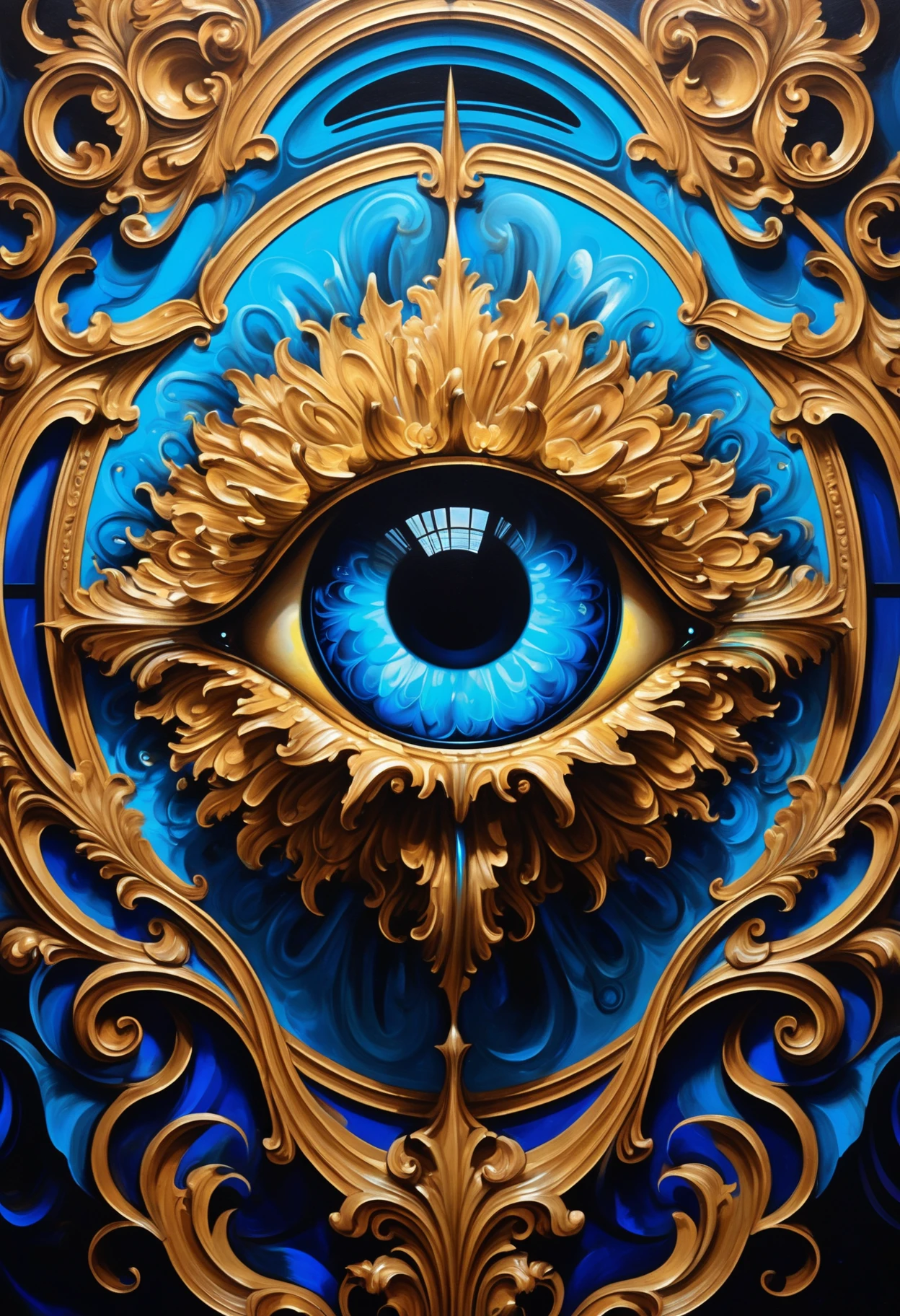 Spectacular Flemish Baroque Inspired Artwork With Kinetic Eyes, digital painting, Flemish Baroque style, kinetic art, eyes with light inside, neon blue color, vibrant and warm lighting, dramatic expression, contemporary twist, modern art, high contrast, abstract elements, dynamic movement.