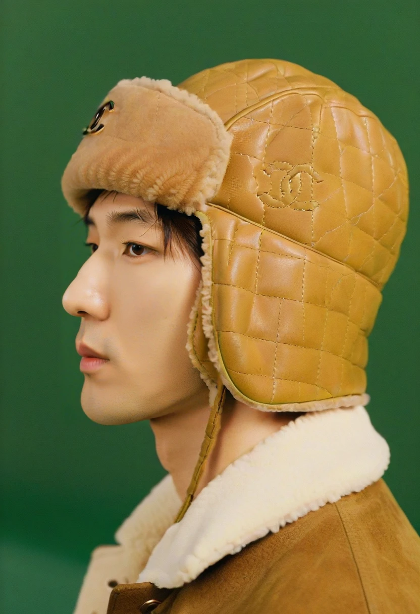 <lora:90sNYC:0.7> 90snyc, man, Asian, side profile, close-up, green background, brown hat, shearling hat, Chanel logo, quilted hat, winter fashion, high quality, studio lighting, young adult, minimalist composition, detailed texture, soft lighting, fashion accessory, contemporary style, model, clean makeup, light skin, warm colors