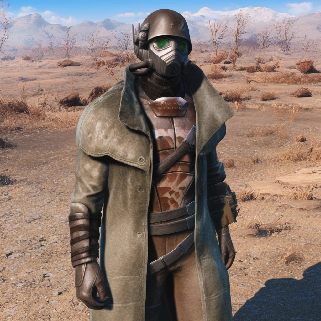 score_9,score_8_up,score_7_up,score_6_up, d3sertranger, helmet, 1boy, solo, upper body, brown gloves, armor, boots, leather trench coat, glowing green eyes, gas mask, realistic photograph, desert,
 <lora:Desert_Ranger_XL_-_Fallout_new_vegas:1.0>