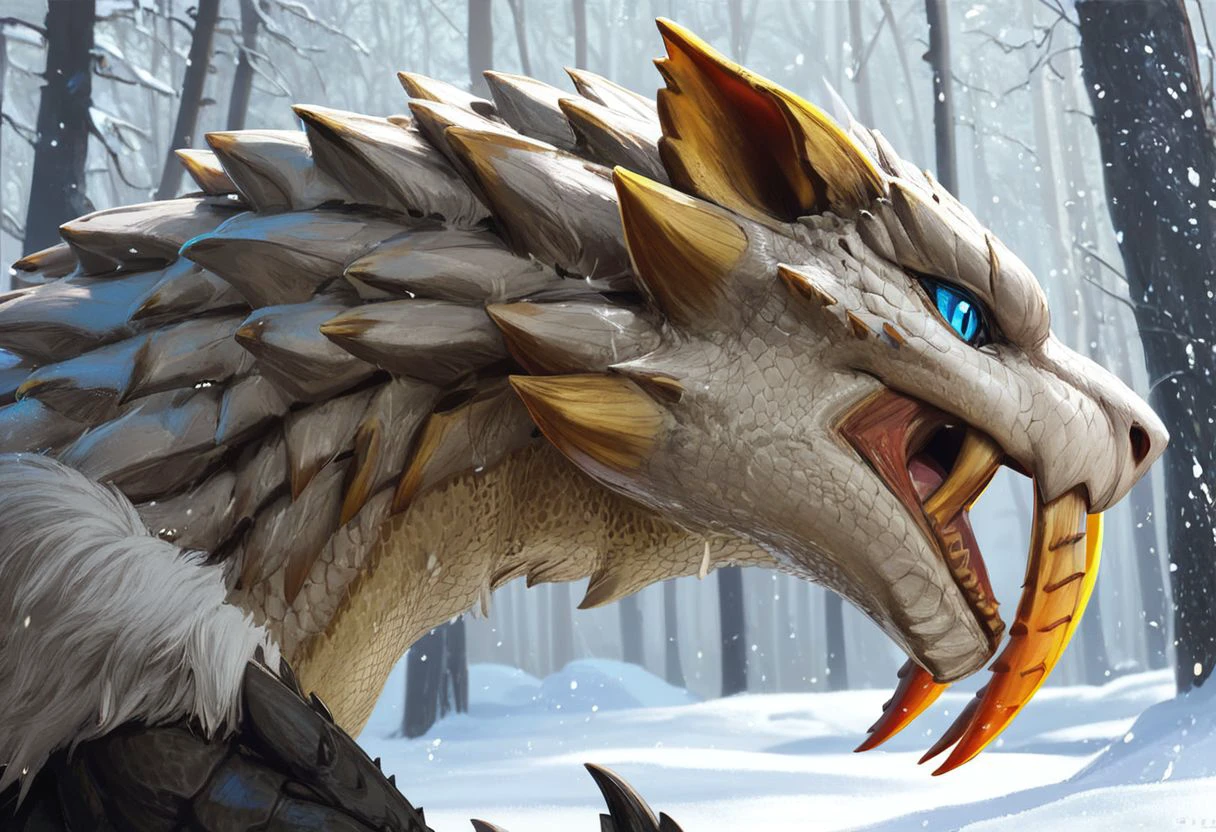 barioth, dragon, wyvern, anthro, side view, howling, big fang, saber tiger fangs, orange fangs, white scale, white fur, black spike, wing arms, dragon tail, sharp eyes, snow leopard dragon, claws, blue eyes, detailed, detailed eyes, beautiful eyes, In the snowy forest, masterpiece, score_9, score_8_up, score_7_up, score_6_up, best quality