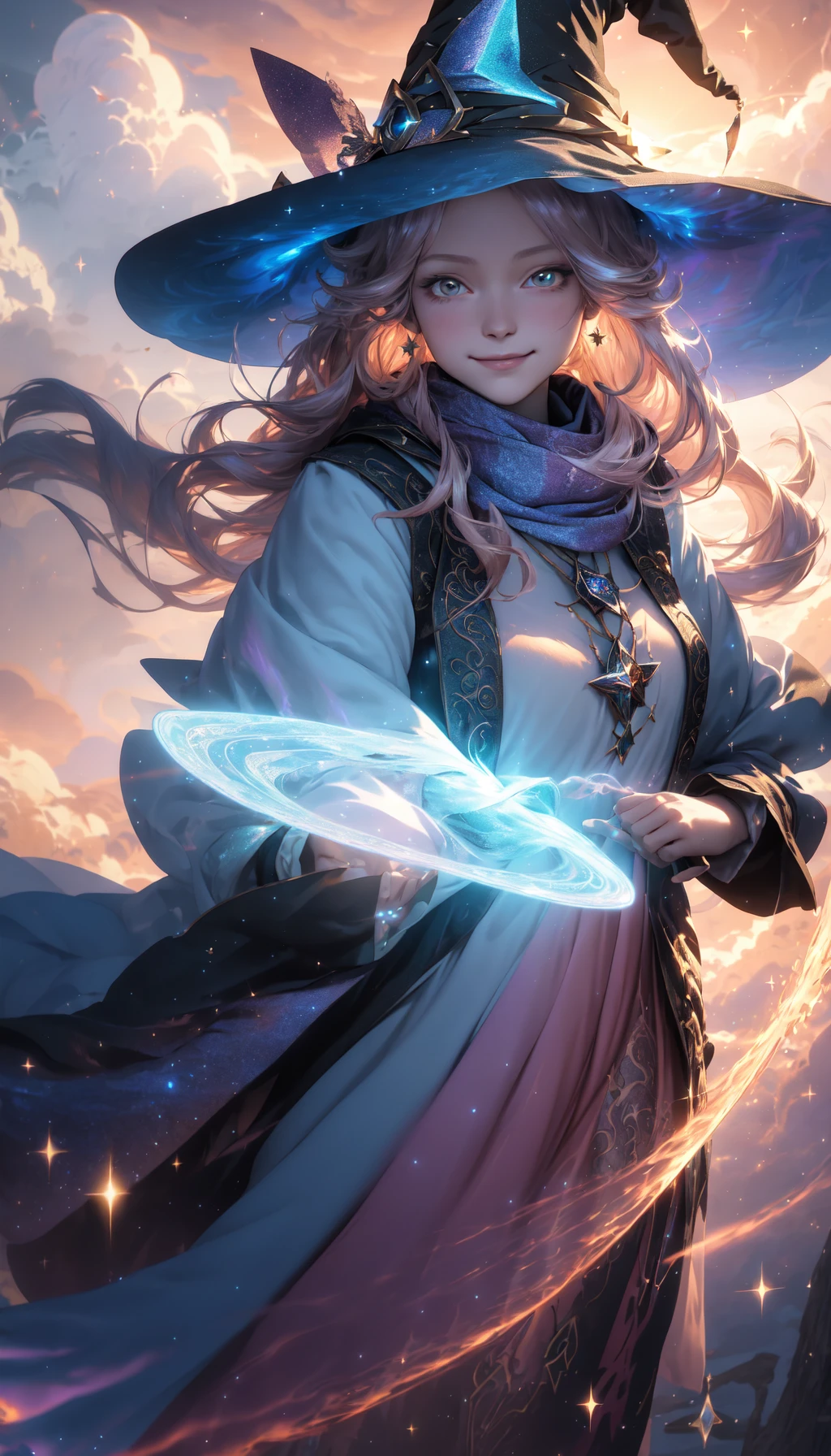 masterpiece, best quality, dynamic fantasy portrait illustration of a witch girl floating in the sky, scarf, witch hat, voluminous puffy clothing, floating hair, + +, lace trim, warm soft lighting, looking at viewer, smug, smirk, sunset, cloudy sky, (light particles:1.1), volumetric lighting, sparkle, sparkling, star, glittering, iridescent