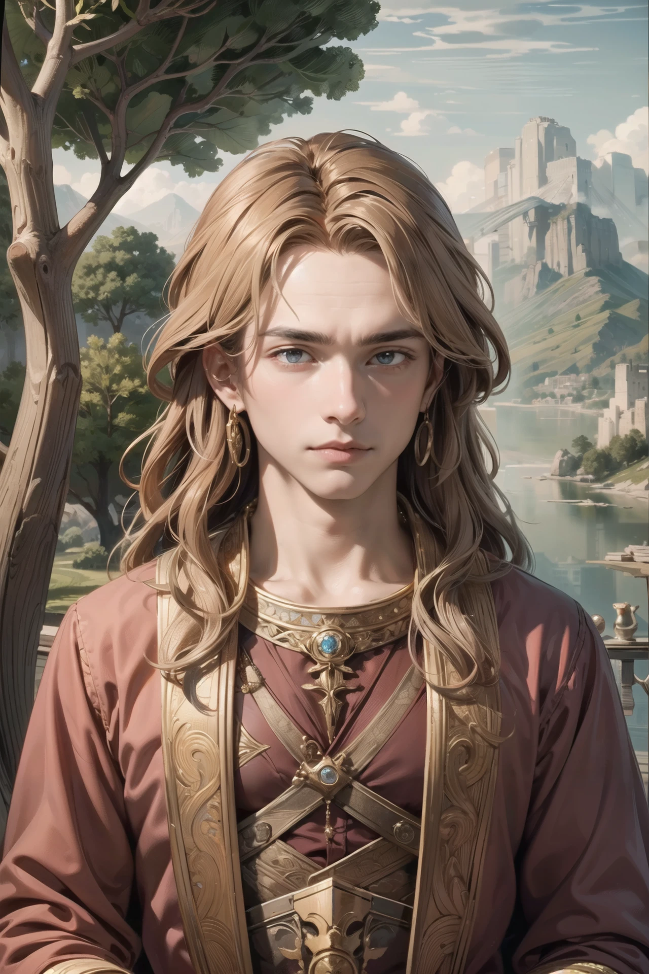 (masterpiece),(best quality),(extremely intricate),(sharp focus),(cinematic lighting),(extremely detailed),A painting of a man with long hair and a gold necklace., perfect background, inspired, best, perfect composition, contemporary fine detail,pg-13,