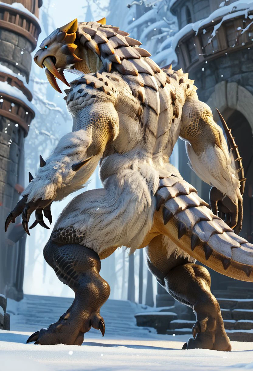 barioth, dragon, wyvern, anthro, looking back, standing, male, massive body, muscular, voluptuous body, big fang, saber tiger fangs, orange fangs, white scale, white fur, black spike, wing arms, dragon tail, sharp eyes, snow leopard dragon, claws, blue eyes, detailed eyes, beautiful eyes, in the blizard, detailed, masterpiece, score_9, score_8_up, score_7_up, score_6_up, best quality