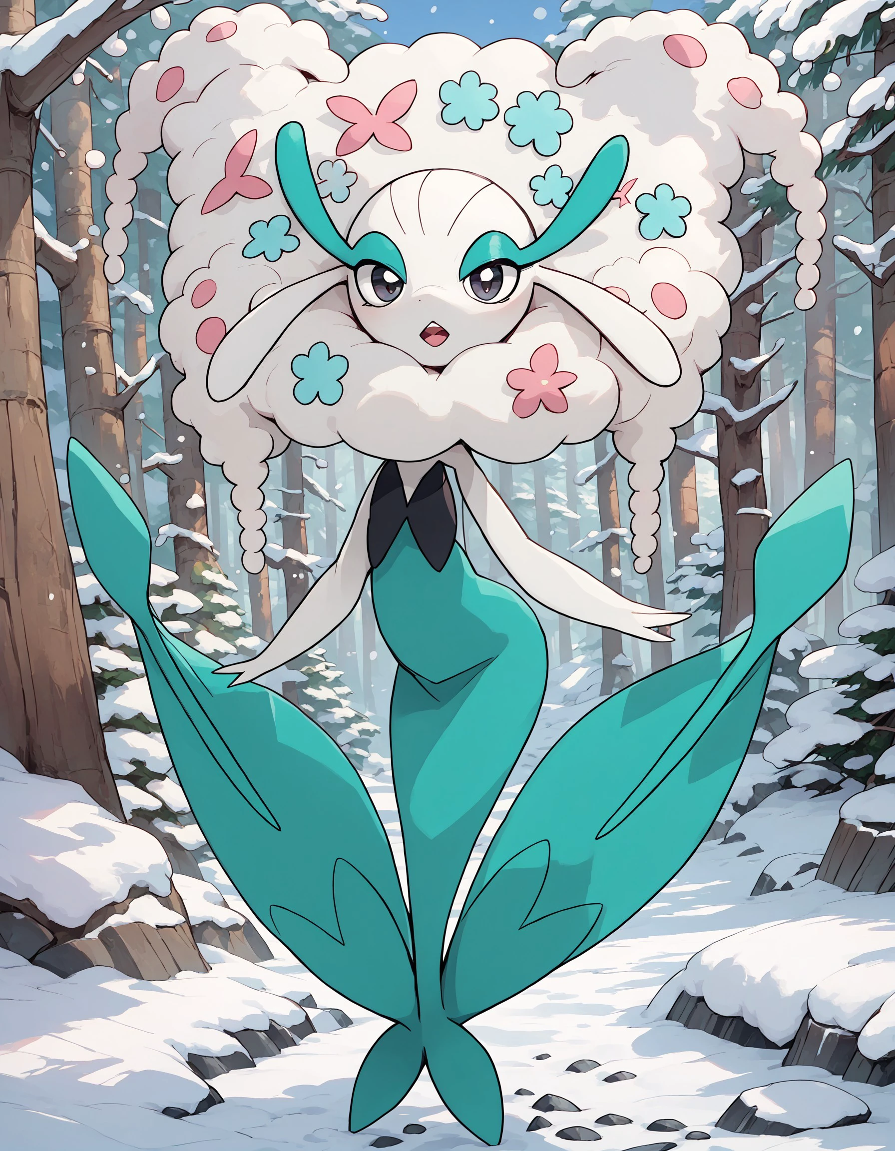 score_9, score_8_up, score_7_up, florges, pokemon \(creature\), white collar, nature, snow, white flowers, sunny, (solo), full body, looking at viewer, :o, sassy, open mouth, looking at viewer