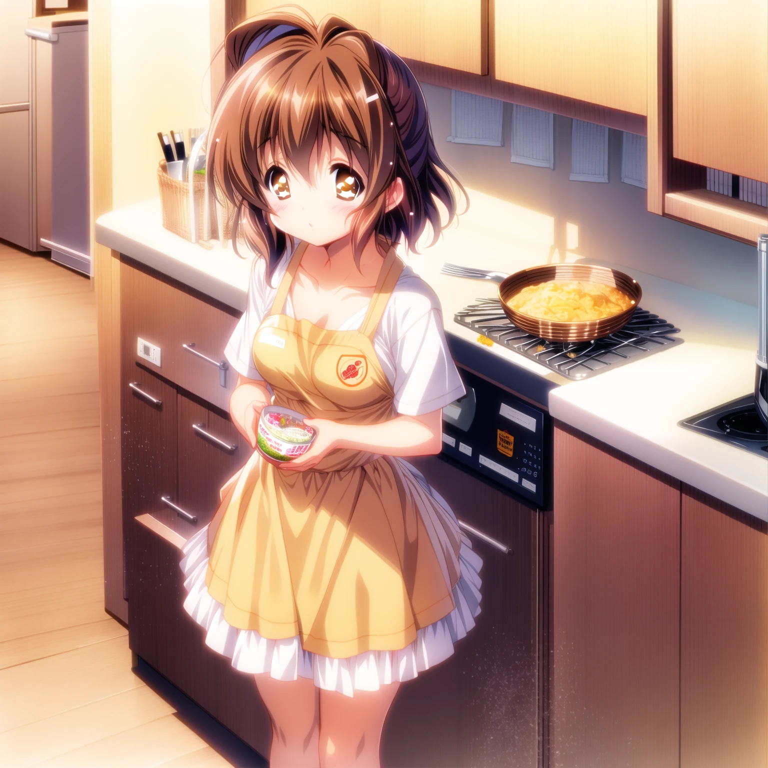 <lora:SlimesNagisa-000009:1>, Nagisa_Furukawa, apron, kitchen background