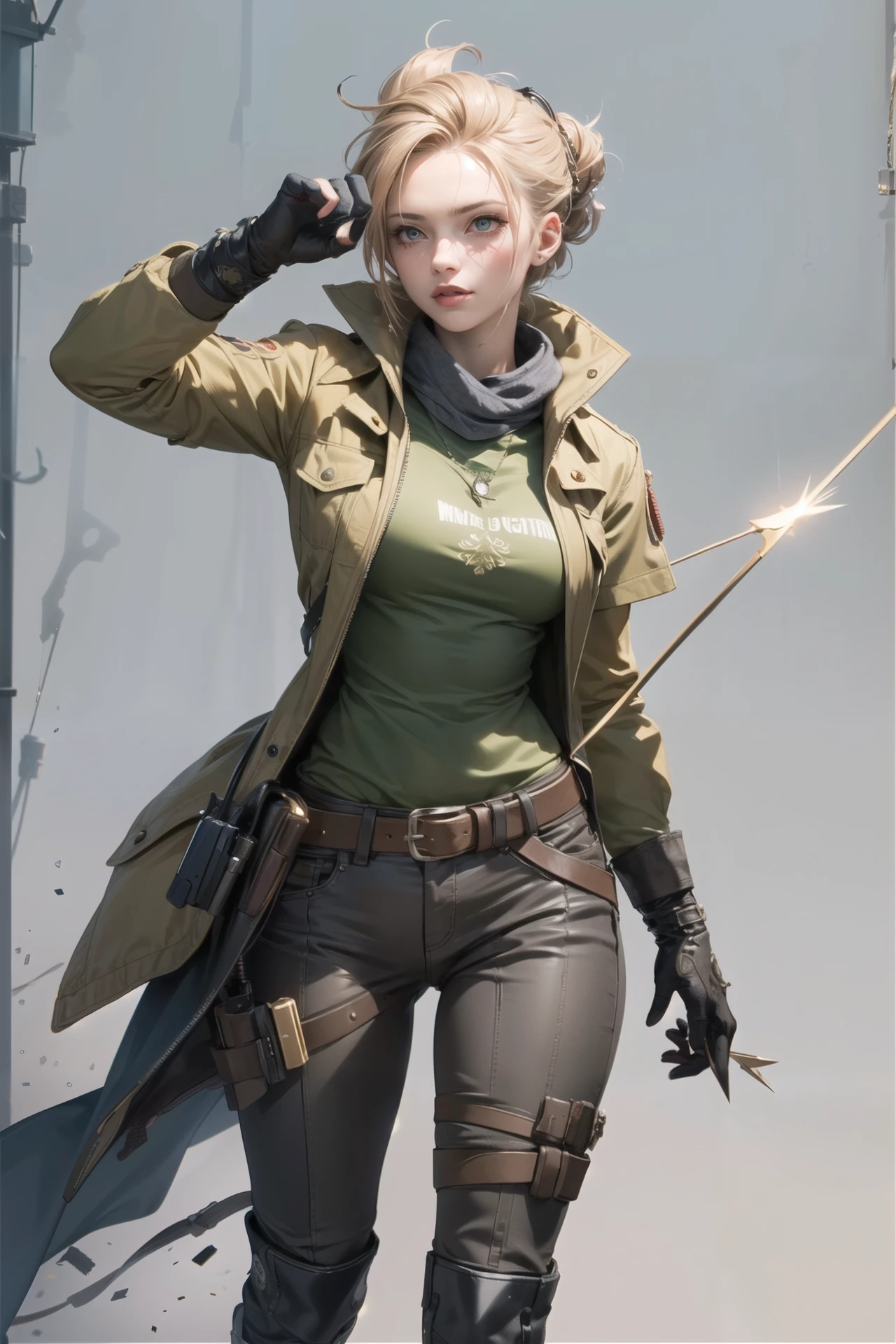 (masterpiece),(best quality),(extremely intricate),(sharp focus),(cinematic lighting),(extremely detailed),A woman wearing a green shirt and holding a whip., highly decorated, elaborate, dynamic background, vivid colors,pg-13,