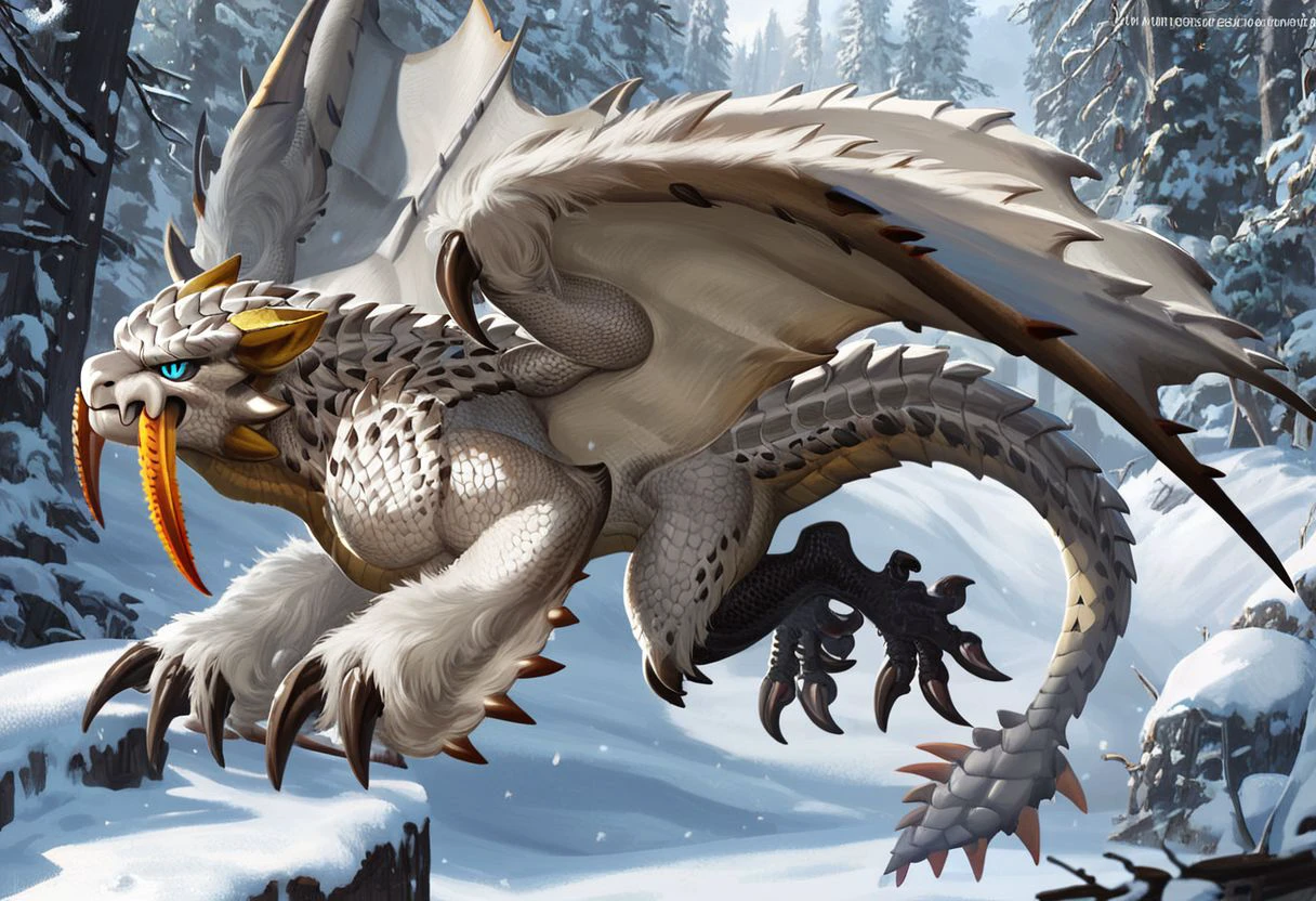 barioth, dragon, wyvern, anthro, side view, falling flat, (full body), big fang, saber tiger fangs, orange fangs, white scale, white fur, black spike, (wing arms), dragon tail, sharp eyes, snow leopard dragon, claws, blue eyes, detailed, detailed eyes, beautiful eyes, In the snowy city, masterpiece, score_9, score_8_up, score_7_up, score_6_up, best quality