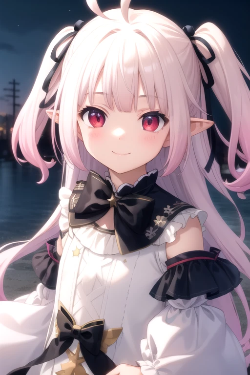 ((masterpiece)),(best quality),official art,extremely delicate and beautiful,extremely detailed CG,unity 8k wallpaper,ultra detailed,beautiful detailed eyes,extremely detailed face,outdoors,1girl,solo,upper body,(portrait:1.5),looking at viewer,facing viewer,smile,(petite:1.2),virtual youtuber,Mashiro Kanon,ahoge,very long hair,pink hair,two side up,gradient hair,multicolored hair,floating hair,hair ribbon,black ribbon,hair ornament,two side up,pointy ears,bangs,red eyes,white dress,frilled dress,detached sleeves,puffy long sleeves,sleeves past wrists,uneven legwear,single thighhigh,argyle,star (symbol),asymmetrical legwear,mismatched legwear,black footwear,<lora:Mashiro Kanon(vtb)>,