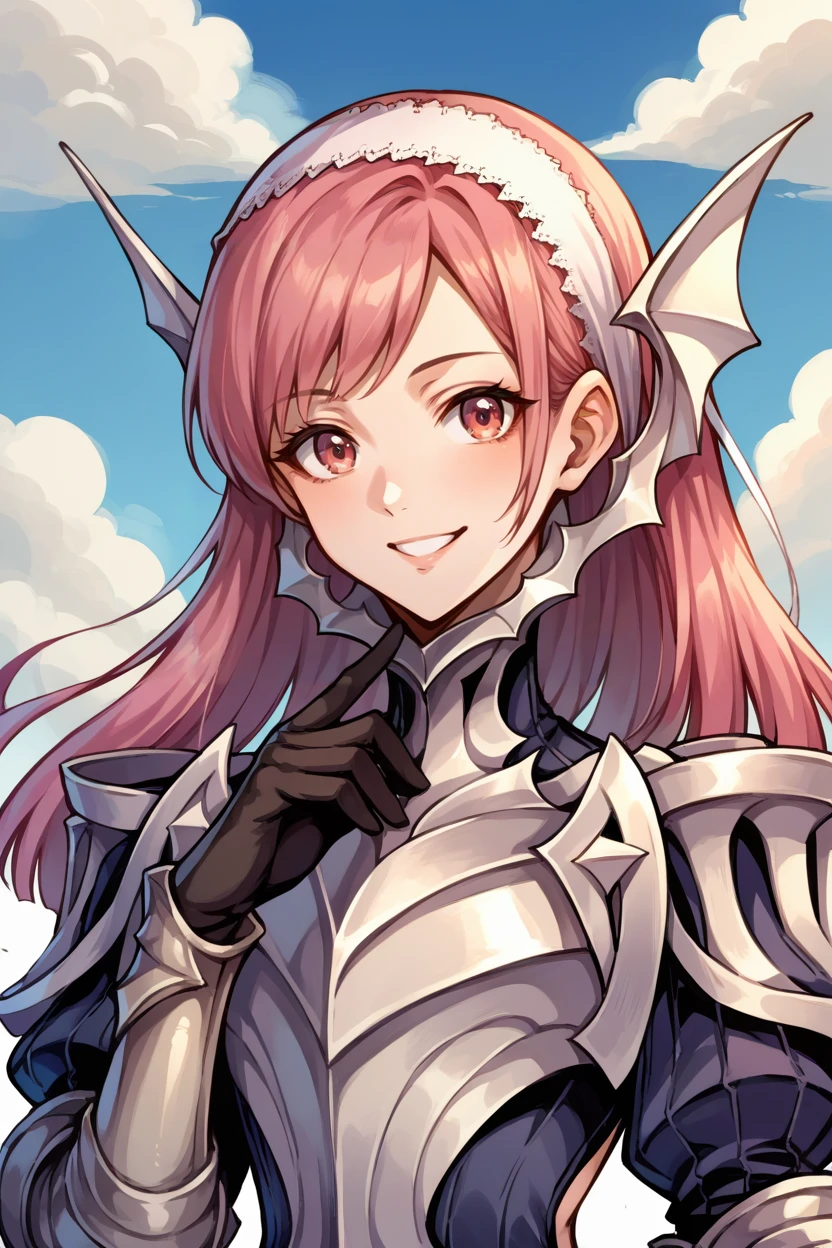 score_9, score_8_up, score_7_up, score_6_up, source_anime BREAK 1girl, solo, <lora:fecherche-pdxl-nvwls-v1-000005:1> defcherche, pink hair, white hairband, headgear, armor, armored dress, gauntlets, black gloves, armored boots, upper body, smile, looking at you, blue sky, clouds