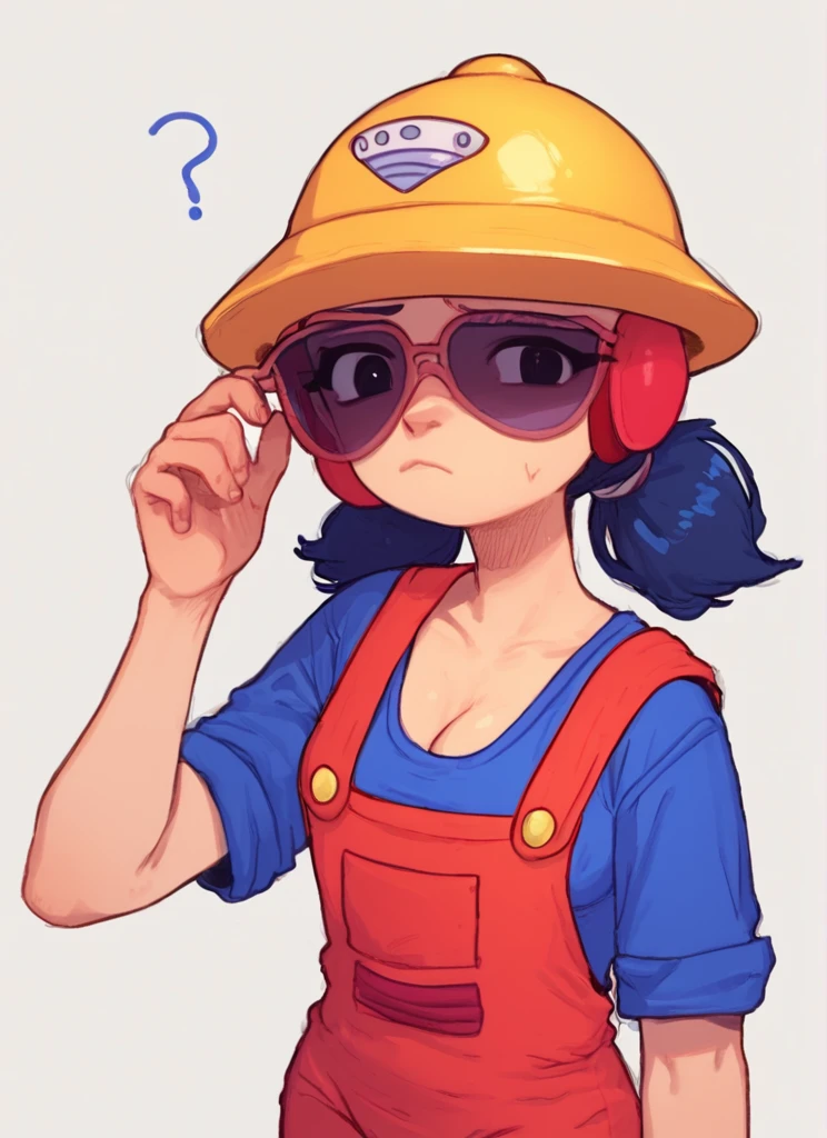 score_9, score_8_up, score_7_up,   <lora:bsjacky:0.9> bsjacky , 1girl, solo, medium breasts,   cleavage, twintails, blue hair, orange overalls  , low twintails, sunglasses, helmet , red overalls, blue shirt  ,  confused,  <lora:PossumMachine:1> , posmach closed mouth,  looking at viewer,