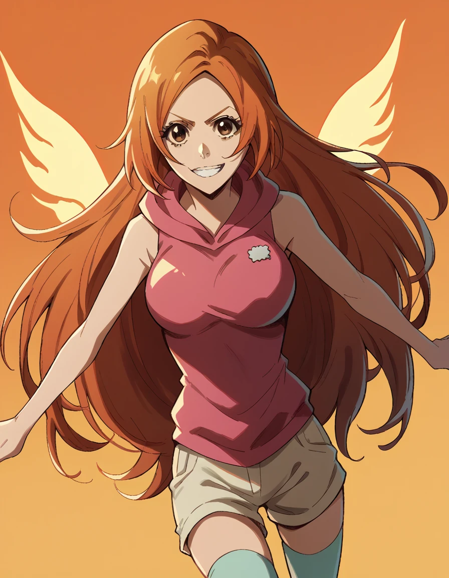 score_9, score_8_up, score_7_up, source_anime,
inoueorihime, <lora:inoue-orihime-tybw-ponyxl-lora-nochekaiser:1>,
inoue orihime, long hair, orange hair, brown eyes,
thighhighs, shorts, sleeveless, hood, hoodie, pink hoodie,
grin, <lora:fiery-wings-ponyxl-lora-nochekaiser:1>, fiery wings,
looking at viewer, cowboy shot, dutch angle, solo,