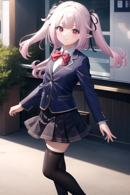 ((masterpiece)),(best quality),official art,extremely delicate and beautiful,extremely detailed CG,unity 8k wallpaper,ultra detailed,beautiful detailed eyes,extremely detailed face,outdoors,1girl,solo,cowboy shot,looking at viewer,facing viewer,smile,(petite:1.2),virtual youtuber,Mashiro Kanon,ahoge,very long hair,pink hair,two side up,gradient hair,multicolored hair,floating hair,hair ribbon,black ribbon,hair ornament,two side up,pointy ears,bangs,red eyes,school uniform,blue jacket,blazer,red bowtie,white shirt,collared shirt,long sleeves,small breasts,skindentation,miniskirt,black skirt,pleated skirt,zettai ryouiki,white thighhighs,loafers,black footwear,<lora:Mashiro Kanon(vtb)>,