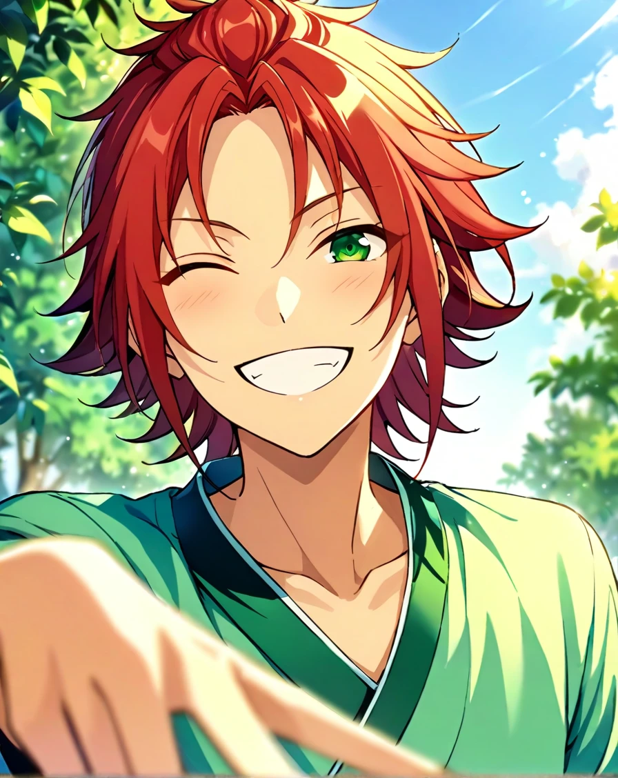 masterpiece, best quality, very aesthetic, absurdres, very detailed, score_9, score_8_up, score_7_up, depth of field, ((1boy, solo, male only, male focus, face focus)), (isara_mao, green eyes, red hair, medium hair, long bangs, adult), happy, one eye closed, smiling, teeth, looking at viewer, facing viewer, collarbone, outdoors, <lora:Lightning-8:1> <lora:Isara_Mao_SDXL_LoRA:0.74>