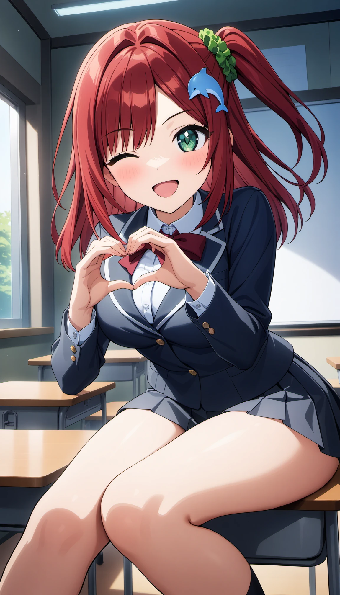 1girl, sakimiya iruka, dolphin wave, green eyes, red hair, one side up, hair ornament, green scrunchie,
heart hands, school uniform, classroom, table, sitting, one eye closed, smile
masterpiece, best quality, very aesthetic, newest, cinematic lighting, highres, absurdres, incredibly absurdres <lora:CulturedDiffusion_Sakimiya_Iruka_AniXLV31:0.5>