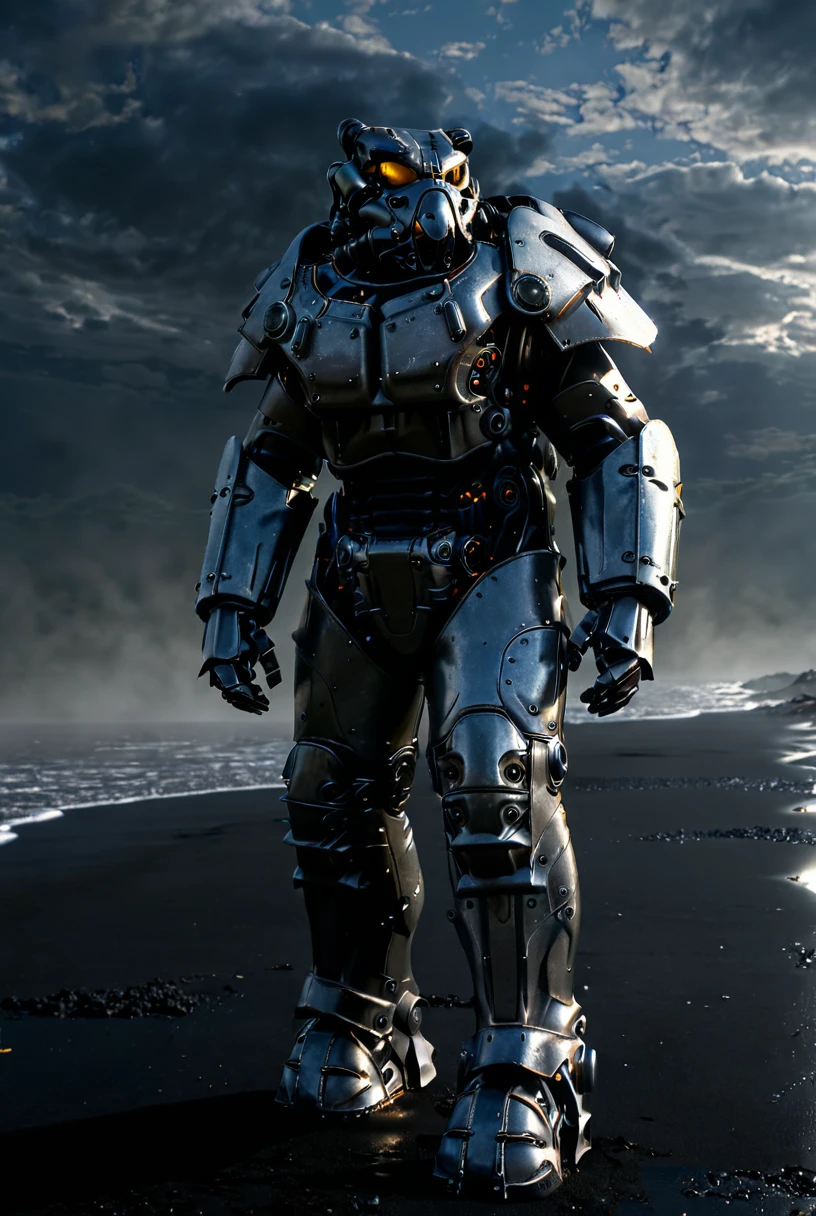 X-01 power armour, reflective smooth armour, walking on black sand, eclipse in sky, darkness, reflections from intricate armour, accurate solar eclipse
[reflections, dark lighting, light rays, beams of light, realistic, high quality photo, 4k]
<lora:add-detail-xl:0.5> <lora:xl_more_art-full_v1:0.4> <lora:Power Armour v2.0:0.8>