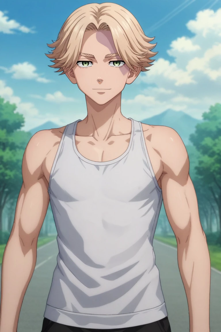 score_9, score_8_up, score_7_up, source_anime, rating_safe, , anime screencap, , official style, looking at viewer, , 1boy, solo, male focus, <lora:seishuu_inui_pony:0.84>, seishuu_inui, blonde hair, green eyes, short hair, bangs, straight-on, skytree, day, clouds, yoga, smirk, , <lora:sdxl_lightning_8step_lora:1>