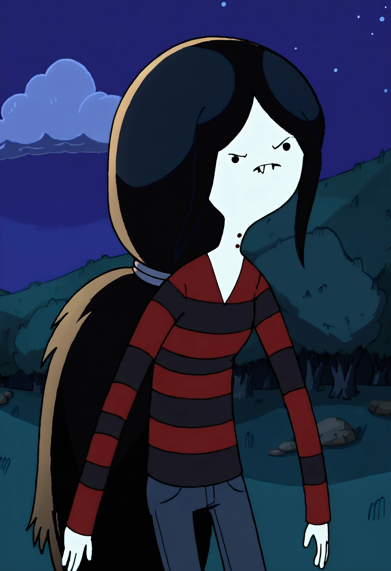 marceline, silly face, black hair, solo, long hair, ponytail, 1girl, bite mark, black eyes, grey skin, shirt, long sleeves, striped shirt,night, outdoors, solid circle eyes<lora:MarcelinePony1.1:1>, score_9, score_8_up, score_7_up, score_6_up, score_5_up, score_4_up, looking at viewer,
