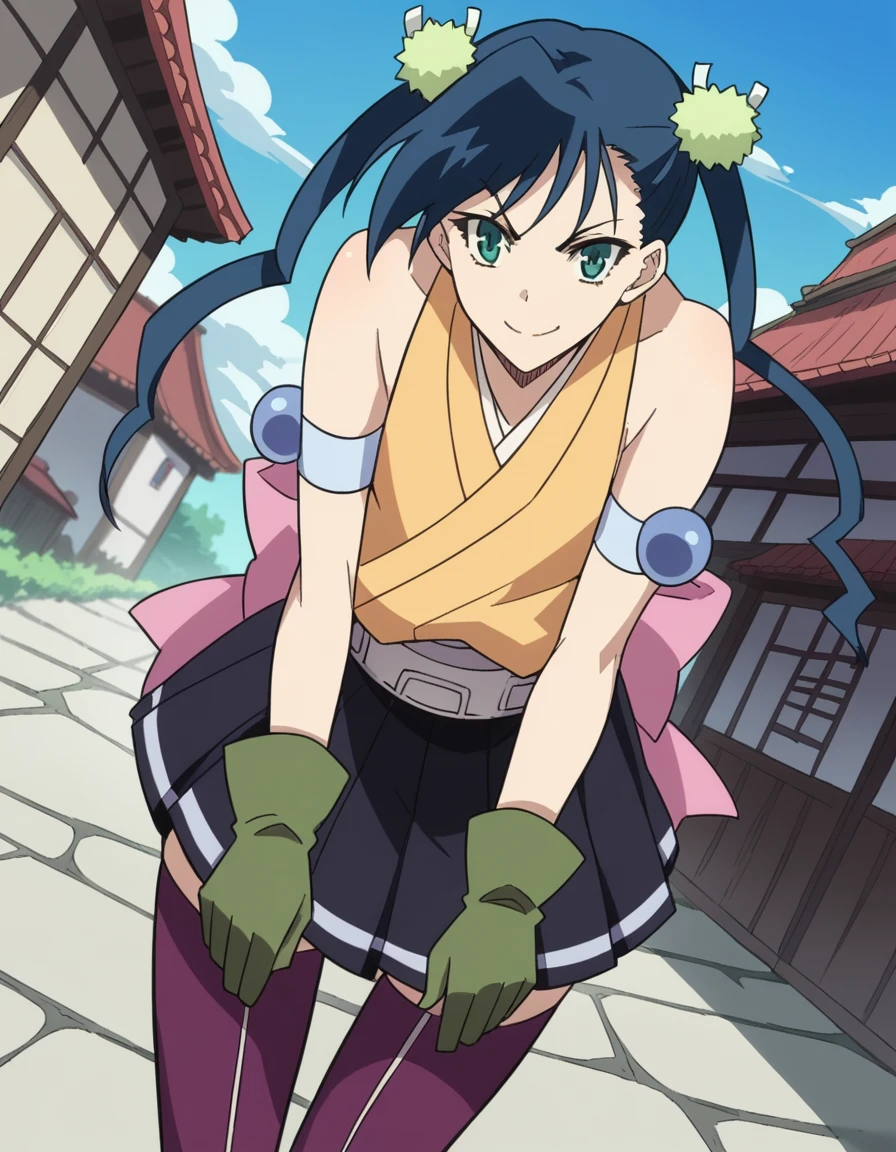 score_9, score_8_up, score_7_up, source_anime,
hibachi, <lora:hibachi-s1-ponyxl-lora-nochekaiser:1>,
hibachi, long hair, green eyes, blue hair, twintails, hair ornament,
skirt, thighhighs, japanese clothes, zettai ryouiki, armband, purple thighhighs, belt, pleated skirt, black skirt, gloves, green gloves, bare shoulders,
outdoors, village, bent over, smile,
looking at viewer, cowboy shot, dutch angle, solo,