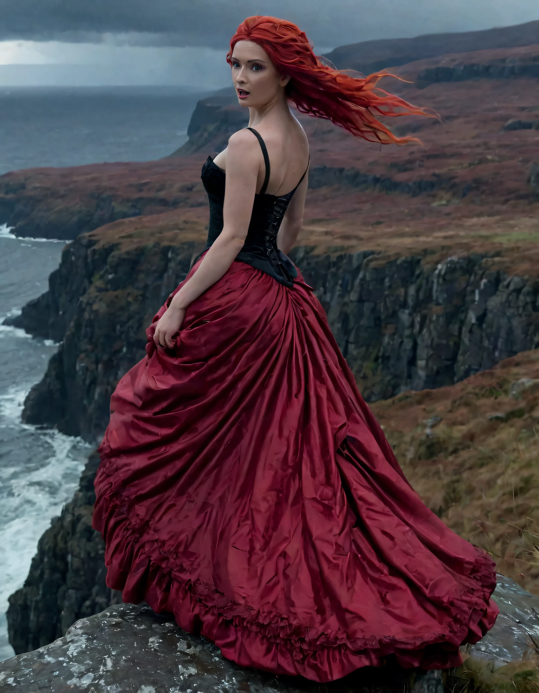 With a fiery mane cascading down her back like a crimson waterfall, Jannet - a lone girl with eyes full of defiance and determination - stands tall on the edge of a cliff overlooking the stormy Scottish Highlands. Her Victorian-era ball gown billows around her as she gazes out at the tempestuous sea, her closed mouth set in a resolute line that speaks volumes without uttering a word to the viewer. <lora:yymtzi18fc99044bcu9b:1>