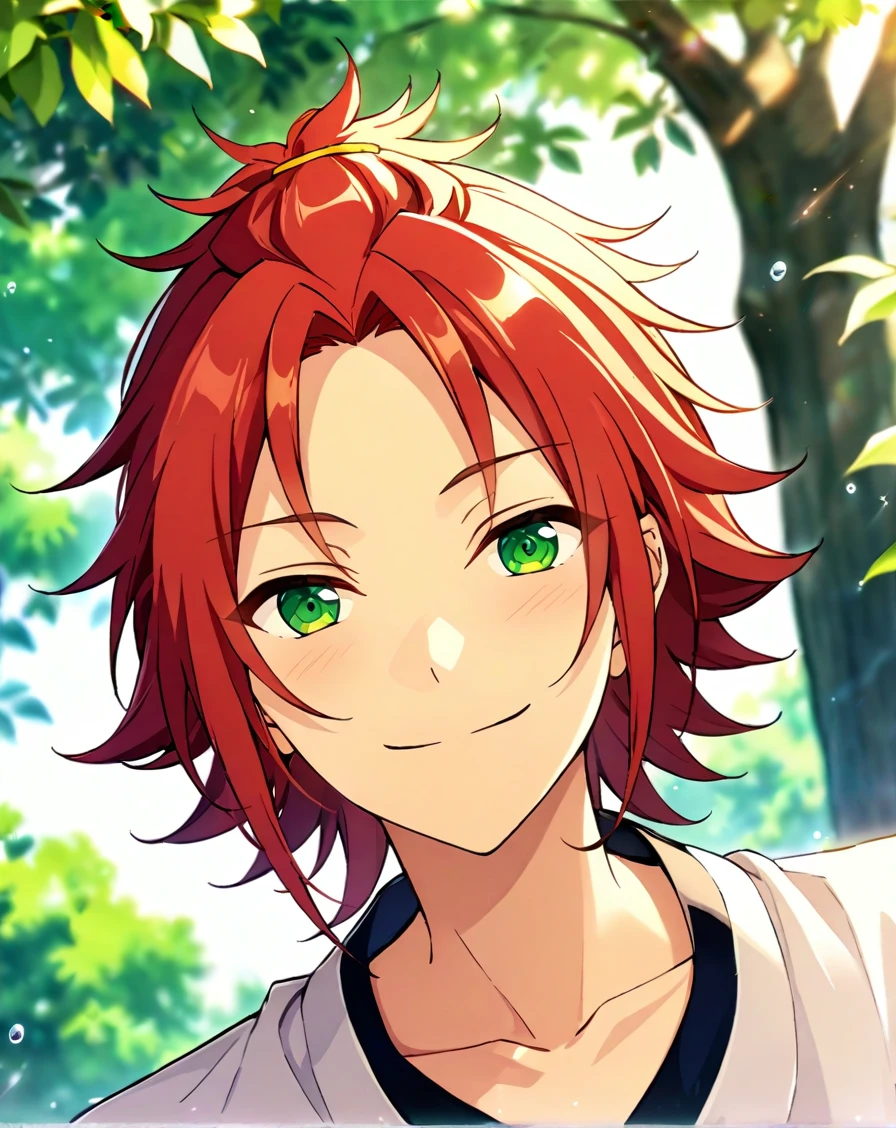 masterpiece, best quality, very aesthetic, absurdres, very detailed, score_9, score_8_up, score_7_up, depth of field, ((1boy, solo, male only, male focus, face focus)), (isara_mao, green eyes, red hair, medium hair, long bangs, adult), happy, looking at viewer, facing viewer, collarbone, outdoors, <lora:Lightning-8:1> <lora:Isara_Mao_SDXL_LoRA:0.74>