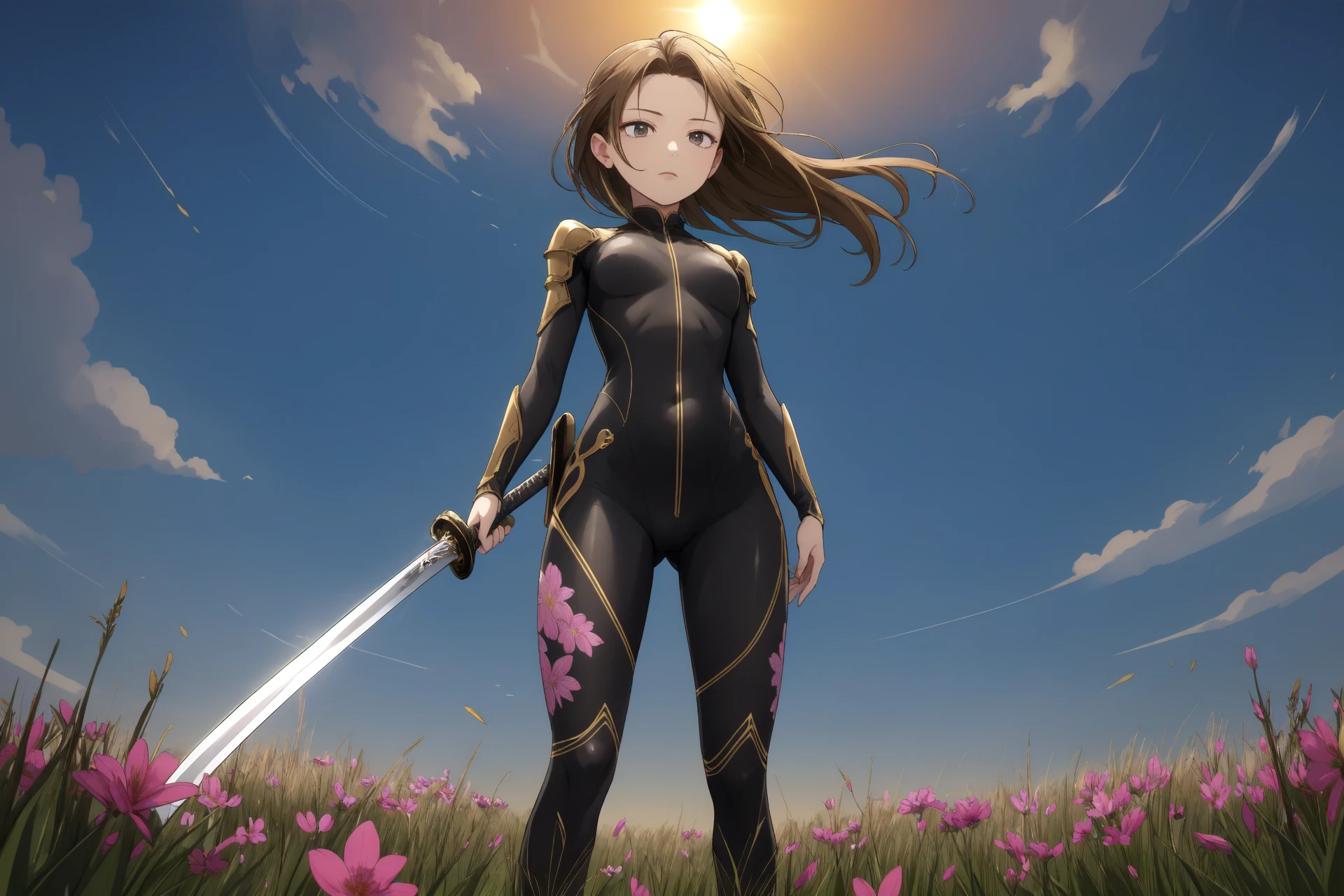 from below,(masterpiece),(best quality),(extremely intricate),(sharp focus),(glowy luminescence),(extremely detailed),A cute chibi in armor,standing in a meadow of wildflowers. She has long brown hair adorned with wildflowers. Her expression is determined,and her eyes are shining with courage. The sun is shining brightly behind her,casting a golden glow over the scene.,flower4rmor,flower bodysuit,Flower,
full body, beautiful color, detailed, amazing quality, [by momoco|by quasarcake], (by wlop:0.6), holding sword, katana, ninja mask
BREAK, <lora:low_ponytail-1.0:1><lora:hyperdetailer_v095:0.3>