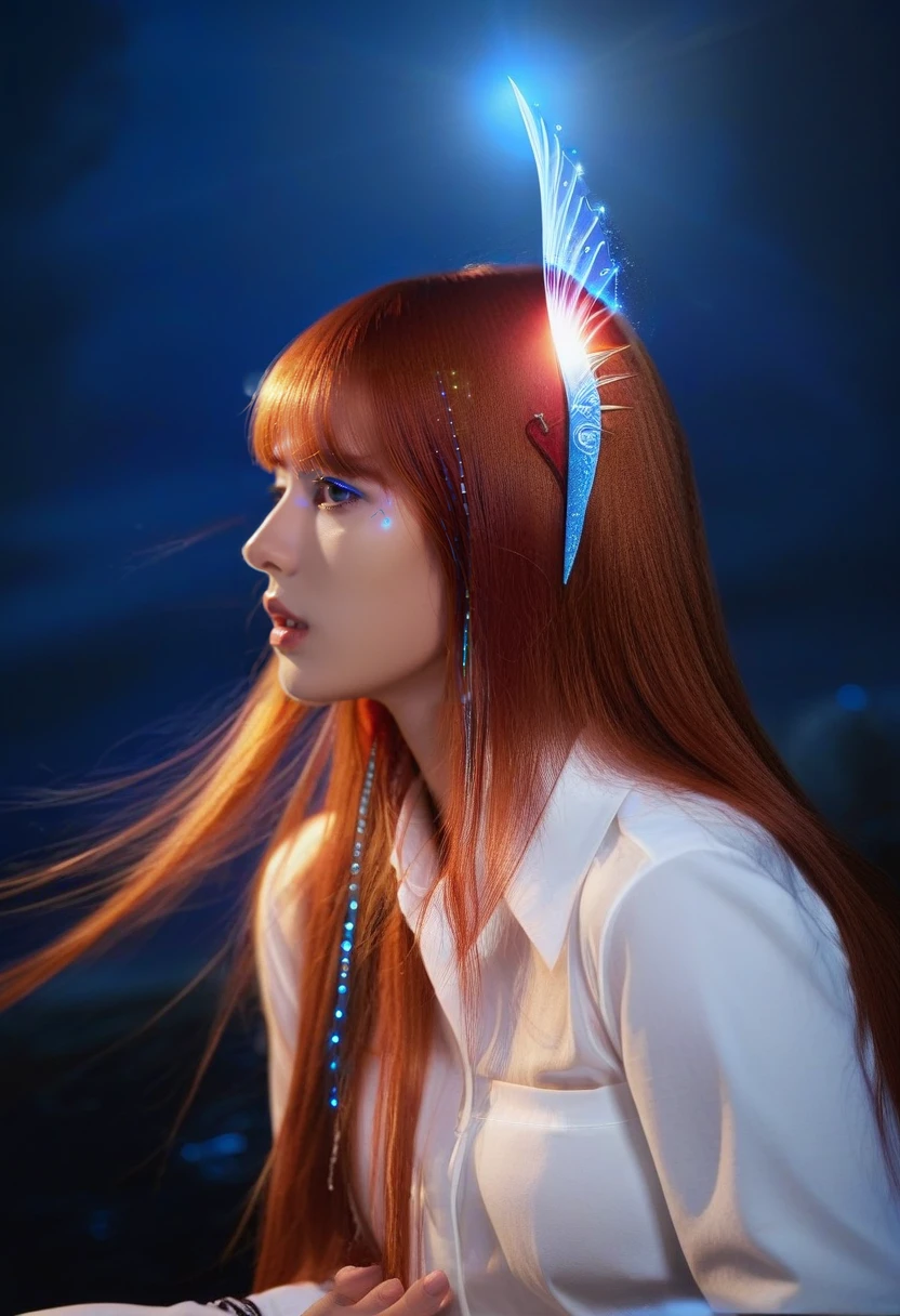 <lora:Editorial_Styles_SDXL:0.7> female, portrait, young woman, long red hair, straight hair, bangs, white shirt, side profile, bright light, artistic, ethereal, hair accessory, blue eyeliner, glowing light, night setting, fashion photography, surreal, studio lighting, close-up shot, fantasy elements, mystical