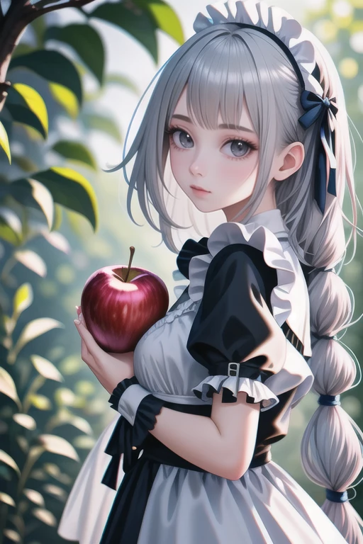 1girl,solo,Grey hair,long hair,maid's outfit,close-up of face,looking at viewer,holding apple in hand,
highly detailed,best quality,absurdres,detailed,HDR,natural light,
<lora:LCM_LoRA_Weights_SD15:1> <lora:add\ImageEnhanceL:.8>