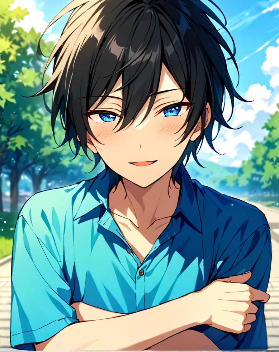 masterpiece, best quality, very aesthetic, absurdres, very detailed, score_9, score_8_up, score_7_up, depth of field, ((1boy, solo, male only, male focus, upper body, adult)), (hidaka_hokuto, black hair, blue eyes, slanted eyes, short hair, hair between eyes, bangs), happy, looking at viewer, facing viewer, collarbone, outdoors, collared shirt, blue shirt, arms crossed, <lora:Hidaka_Hokuto_SDXL_LoRA__Ensemble_Stars:0.74>, <lora:Lightning-8:1>