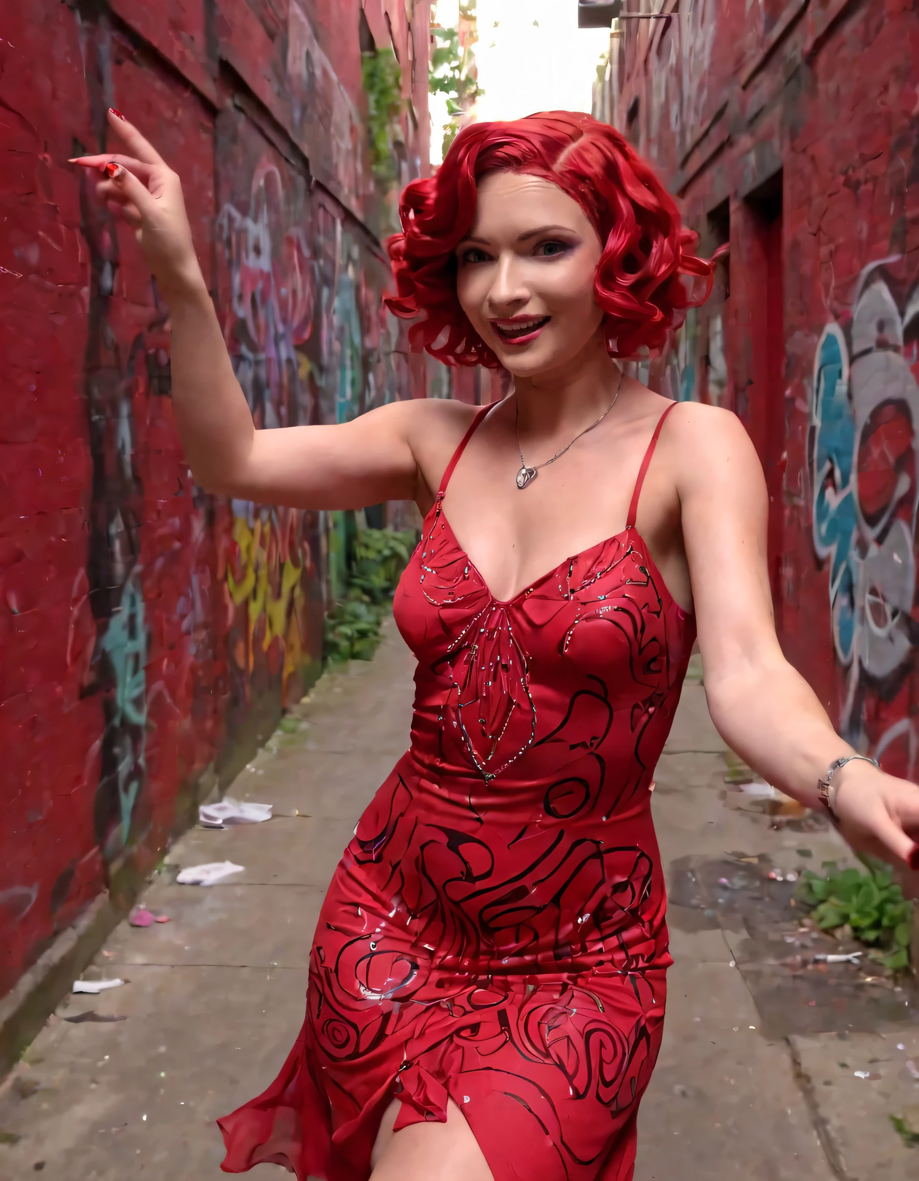 In the heart of an urban jungle, Jannet, a radiant girl with fiery red hair styled into finger waves and lips painted a vibrant scarlet, playfully twirls in a 1920s flapper dress within a graffiti-covered alleyway, her smile beaming as she strikes a pose for an overhead film camera capturing the moment, the city skyline serving as a backdrop to this lively spectacle. <lora:yymtzi18fc99044bcu9b:1>