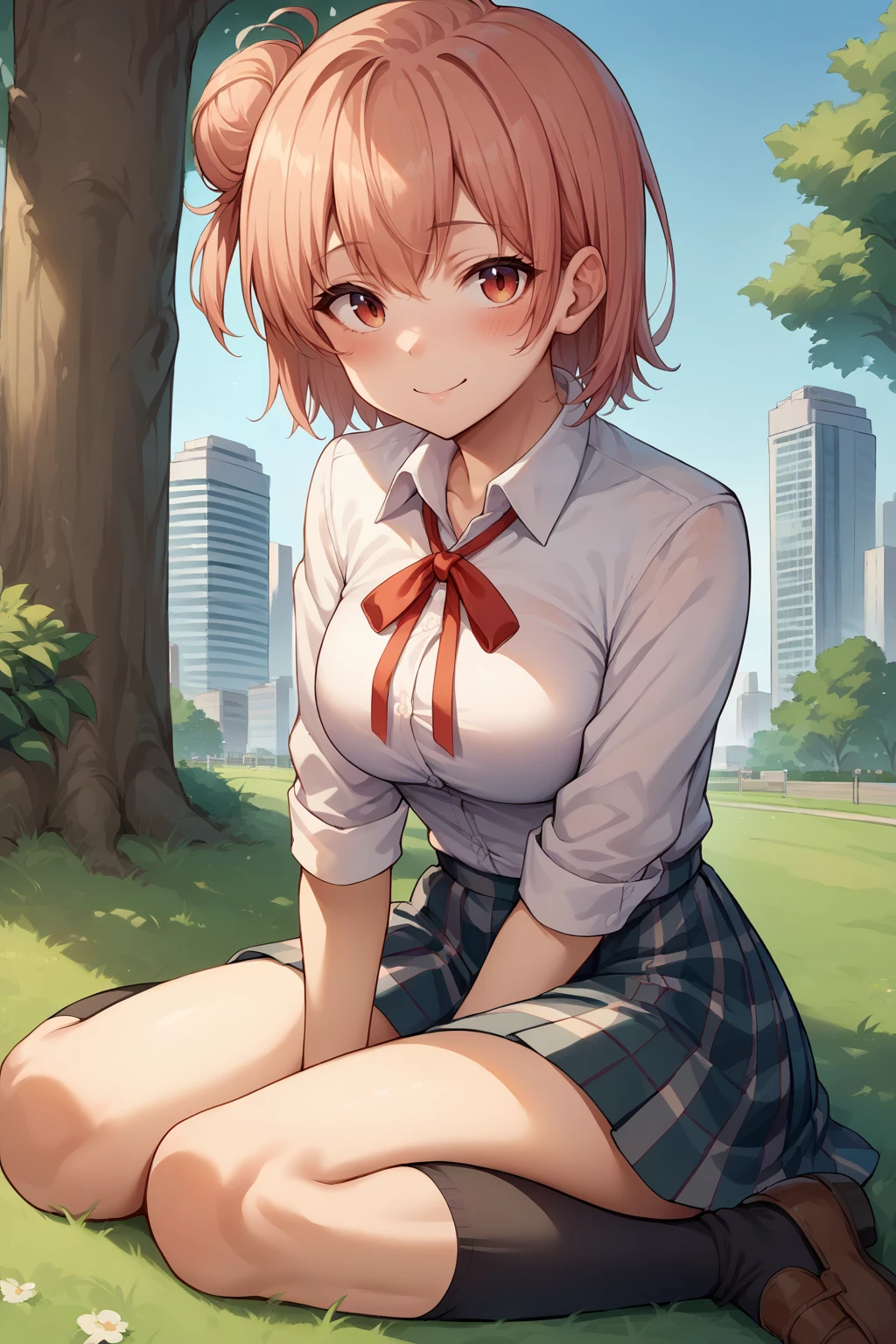 score_9, score_8_up, score_7_up, source_anime, cowboy shot, looking at viewer, smile, blush, yyghm, short hair, single hair bun, neck ribbon, collared shirt, plaid skirt, black kneehighs, sitting, on ground, outdoors, grass, park, city, <lora:Hoseki_Oregairu_YuiYuigahama_PDXL_v1:1>