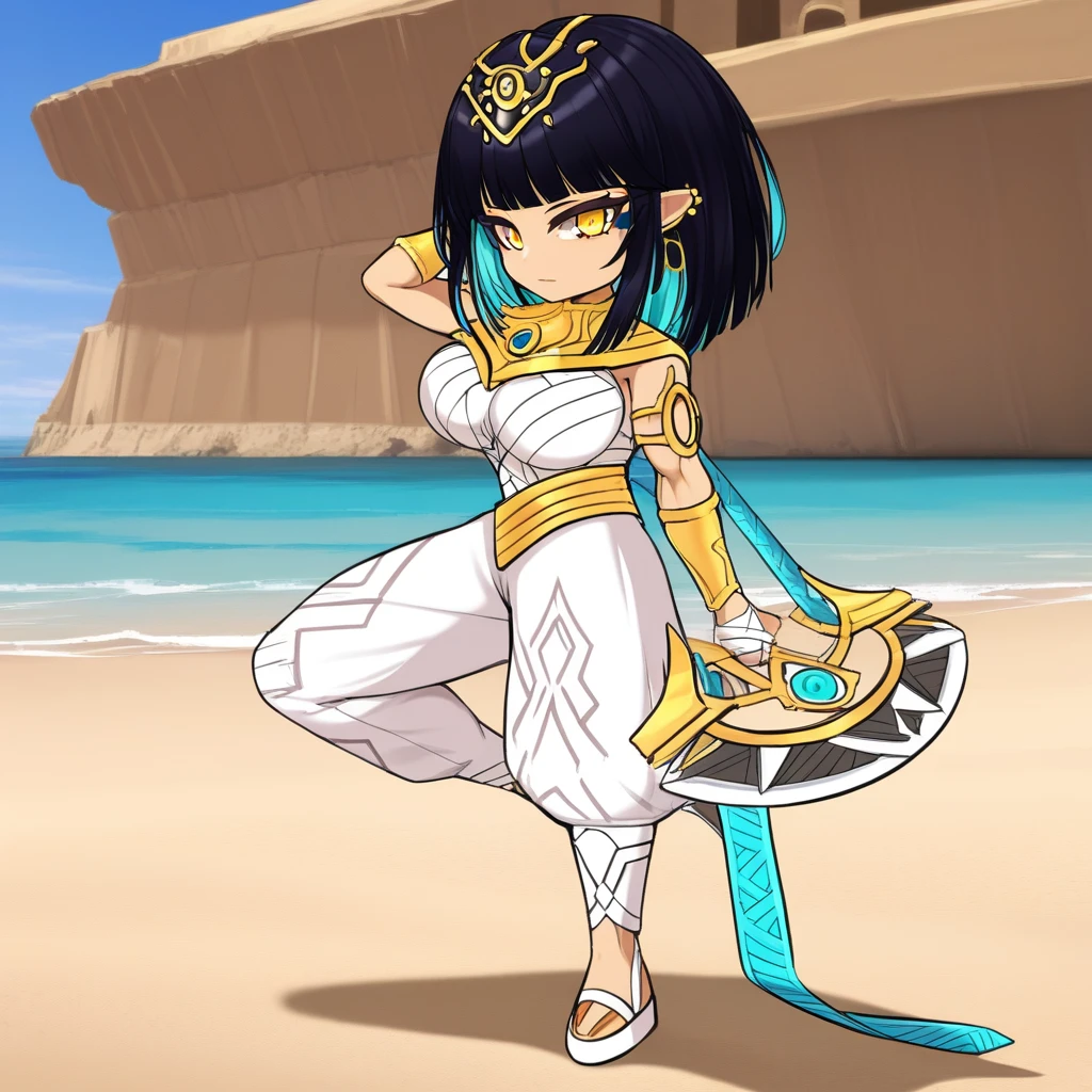 black hair, bikini, chibi, amber eyes, female, yellow eyes, long ears, on side, weapon, large breasts, egyptian clothes, looking at viewer, multicolored hair, muscular, golden earrings, beach, 1girl, jewelry, woman, dress, swimsuit, breasts, gold earrings, black and blue hair, pants, two-tone hair, blue hair, virtual youtuber, girl