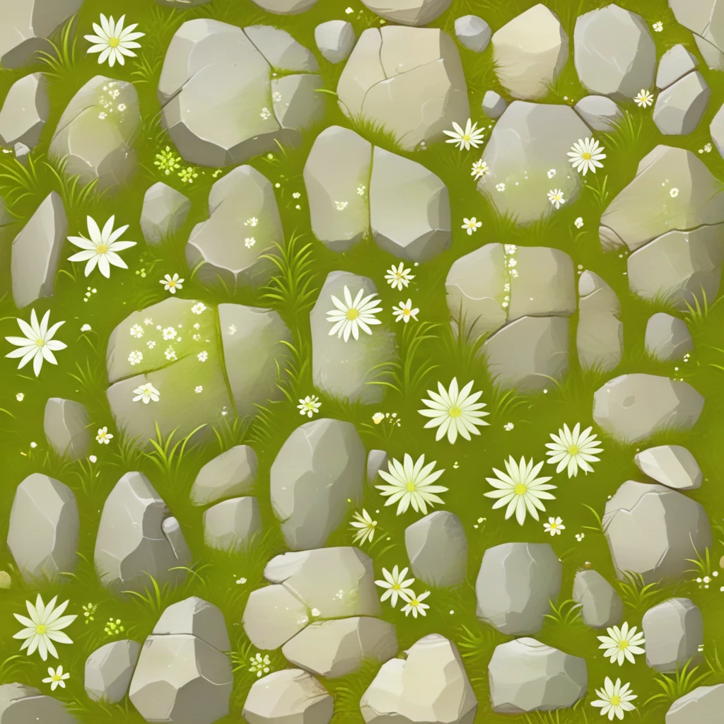 texture of small grey rocks on green grass, white flowers, seamless, tiled, stylized  <lora:sxz-texture-sdxl:1>