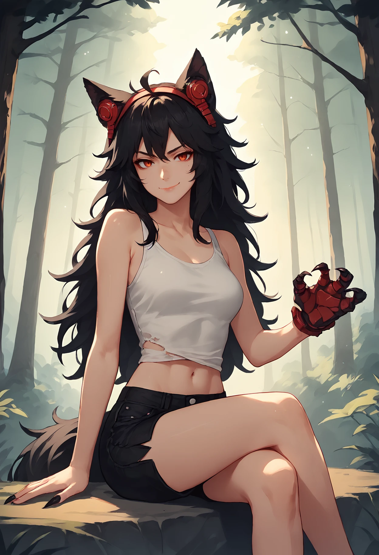 score_9, score_8_up, score_7_up,soft shadows, rating_safe BREAK
headphones, red headphones-for-animal-ears, wolf girl,black wolf ears, black hair, long hair, messy hair, claws, shirt, midriff, black shorts, crossed legs, smirk, forest
 <lora:Smooth Anime Style LoRA XL:0.8> <lora:Headphones for animal ears (pony) v1:1>