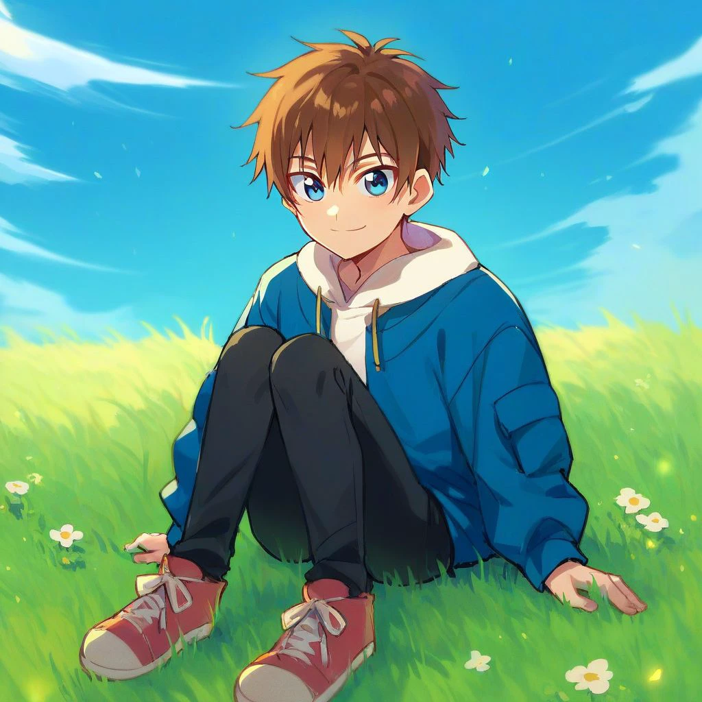 score_9,score_8_up,score_7_up,score_6_up,score_5_up,score_4_up, solo, Shinada Takumi,1boy, male focus, short hair, brown hair, blue eyes, white shirt, blue jacket, black pants, smile, sitting,outdoors, grass, on grass,