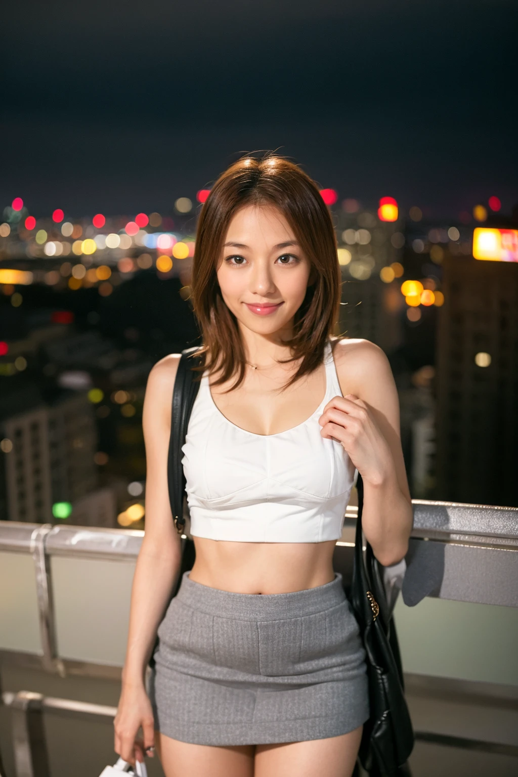 A 20-year-old woman with the cute face of an idol who looks .、Gentle and cute、Please smile kindly、In underwear、Standing on the hotel&#39;s spacious terrace with a beautiful night view、Late Night、Raw photo、Real、High definition、Artistic、Genuine、Real Life、No copyright notice