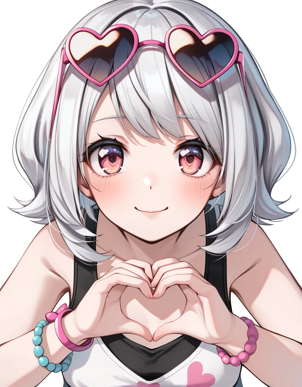 1 girl , (( solo )) , upper body, leaning forward, looking at viewer , look up, spread arms, <hatosangu_sdxl_0001:0.7>, hatosangu, heart sunglasses, sunglasses on head, pink and silver hair, medium hair , bracelet, tank top , ultra-detailed, 4k, white background , good hand , perfect hands,