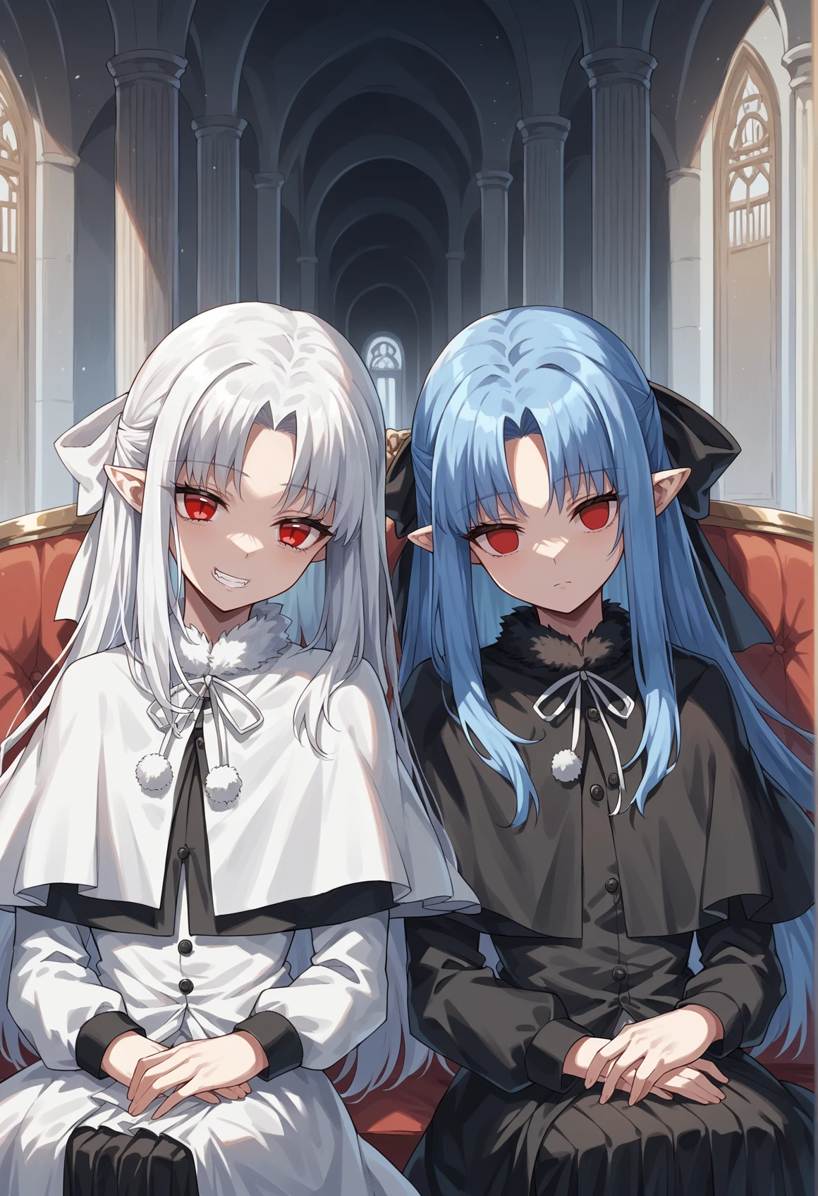 2girls, white hair, blue hair, long hair, red eyes, pointy ears, white hair ribbon, black hair ribbon, black dress, white dress, black capelet, white capelet, black skirt, fur trim, evil smile, teeth, indoors, couch, mansion <lora:Len_tsukihime:1>